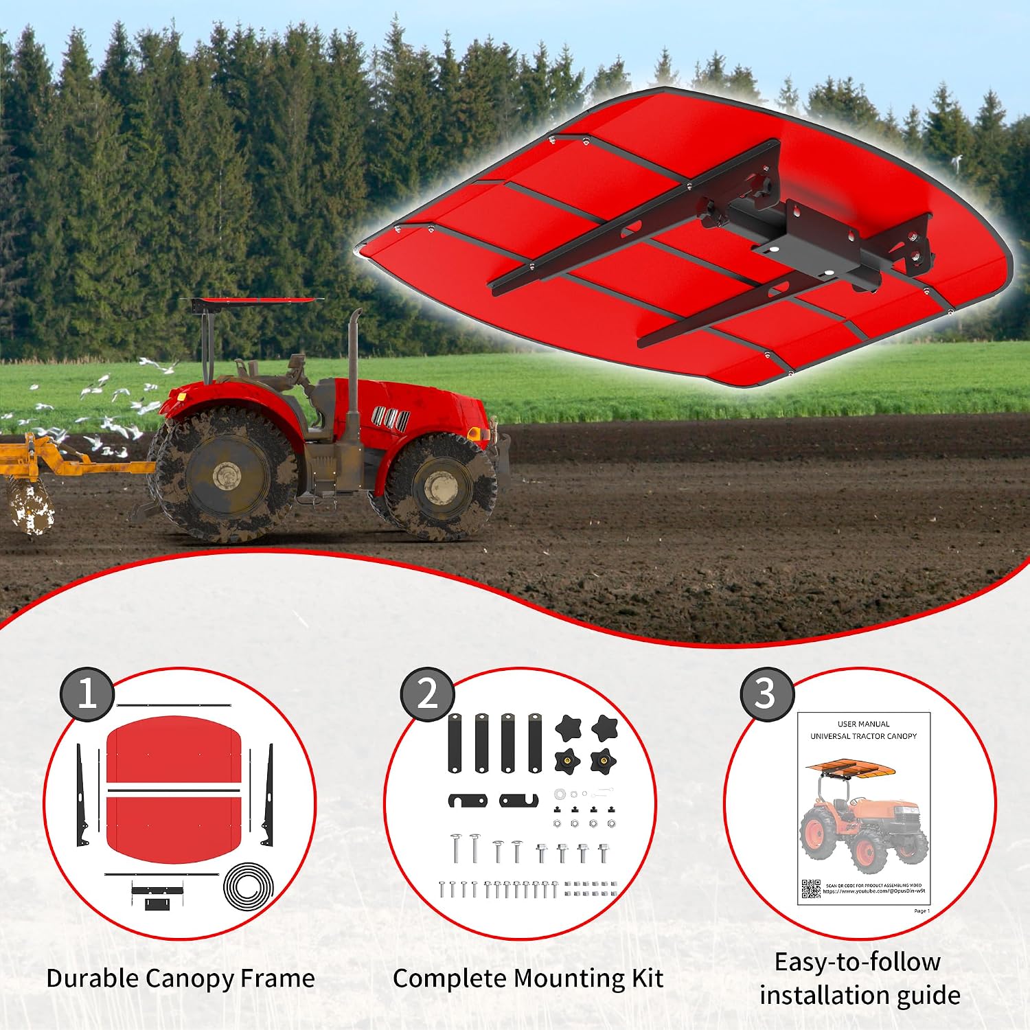 Red Tractor Canopy for ROPS 53-3/8" x 53-3/8" – Sunshade Roof for Lawn Mowers, Heavy-Duty Mounting Brackets, Non-Fading High-Density Thermoplastic (Adds About 4" to Tractor Height)