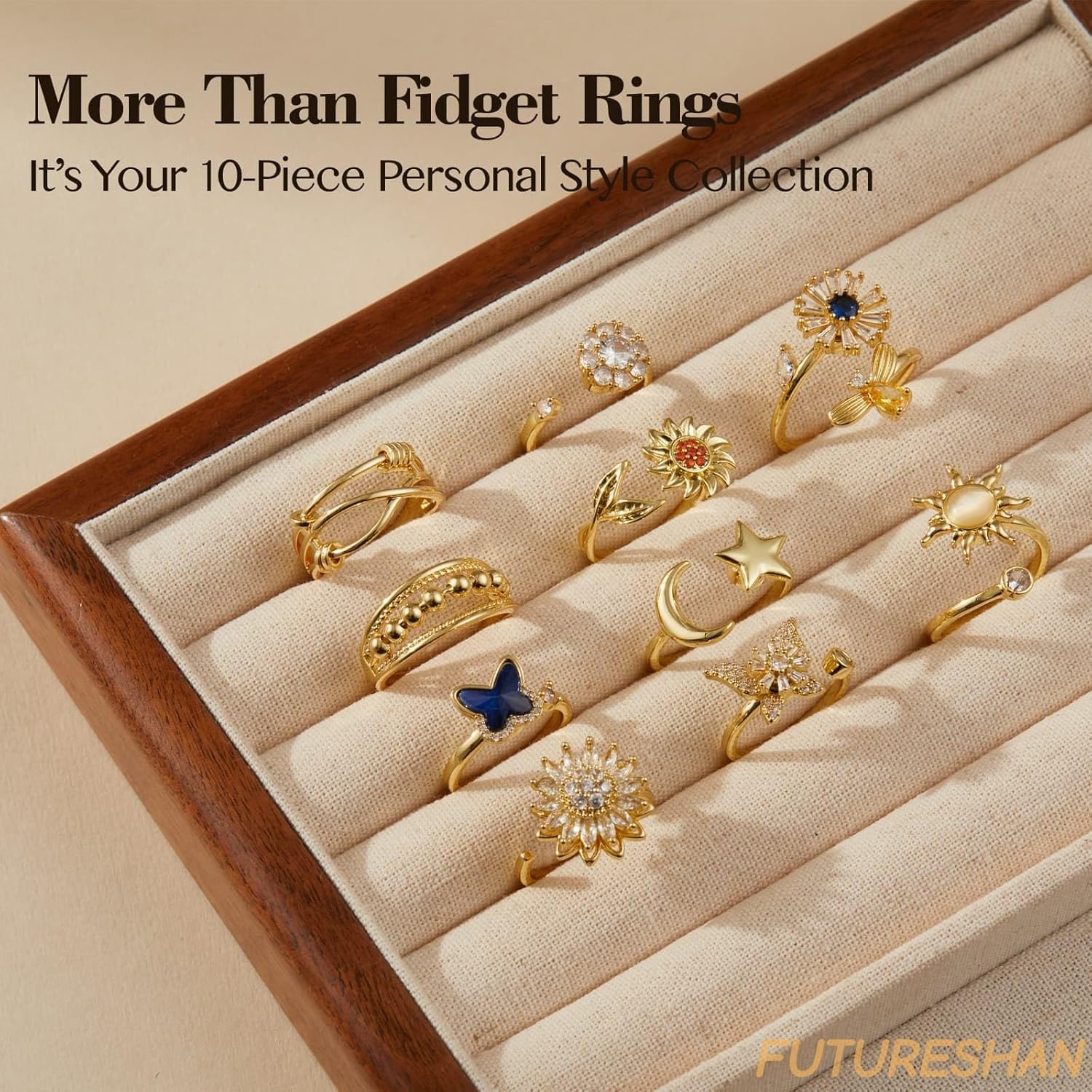 10Pcs Fidget Anxiety Rings for Women Adjustable Spinner Ring Gifts for People With Anxiety Moon Sun Butterfly Galaxy Daisy Flower CZ Stress Relief Calm Rings Jewelry 14K Gold/Silver/Rose Gold Plated - Image 3