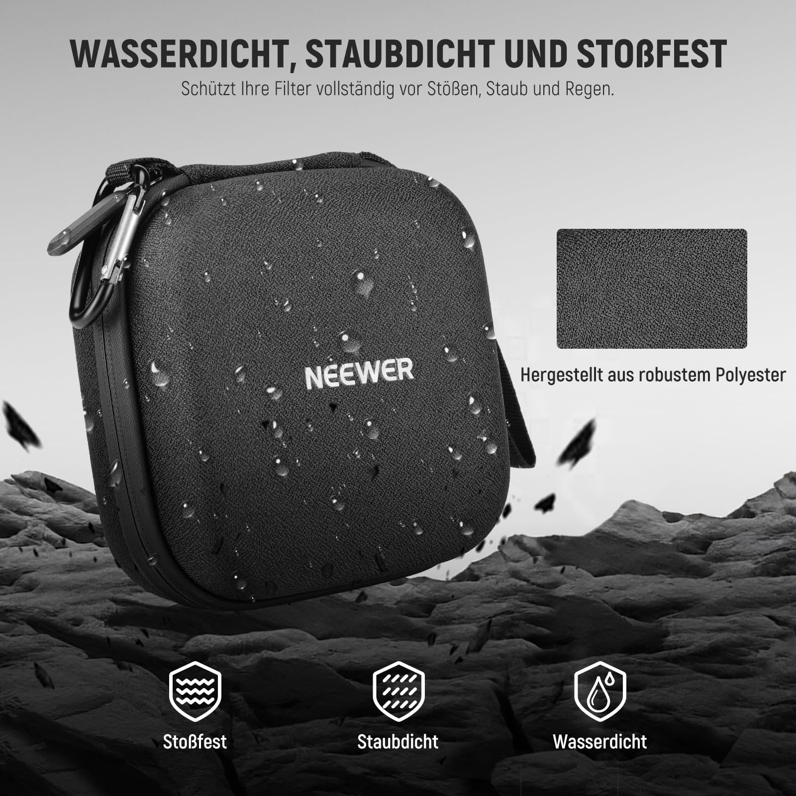 NEEWER PB12 11 x 11cm Filter Aufbewahrungstasche mit erweiterbaren Unterteilungen, Handschlaufe und Karabiner für 4 Rundfilter 86mm