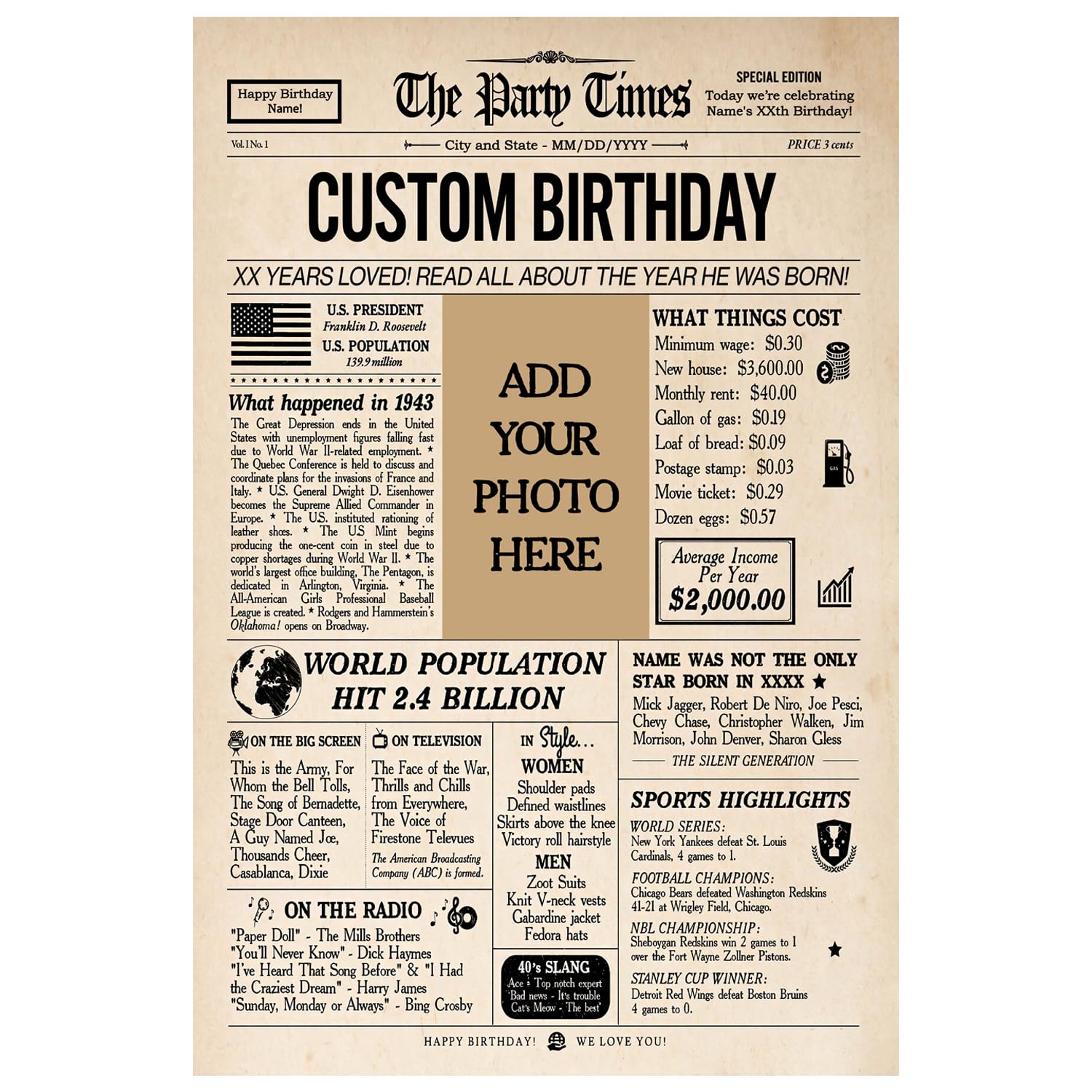 Personalized Birthday Party Decorations Newspaper Poster With Name And Photo, Canvas 0.75 inch For Women Men Custom Back in Birthday Gifts For Dad Mom