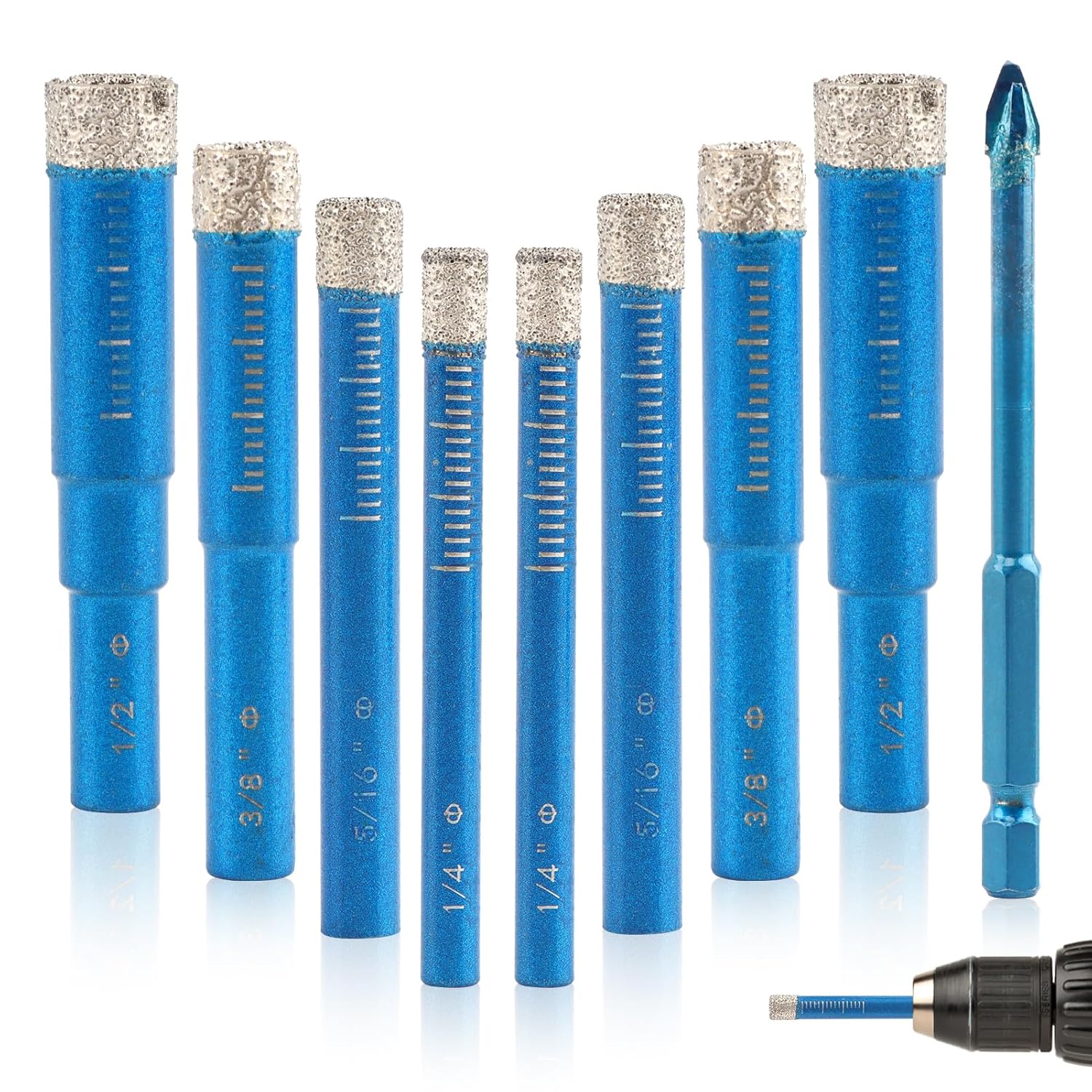 9Pcs Diamond Drill Bits Set, Ceramic Drill Bit, Tile Dri-ll Bits for Ceramic, Porcelain, Marble, Granite, Stone, Glass (Color:Blue)