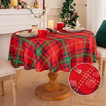 Romanstile Round Christmas Red Plaid Tablecloth - 70 Inch - Checkered Water Stain Resistant Table Cover, Washable Polyester Table Cloth for Xmas Dinner/Party Decoration/Holiday