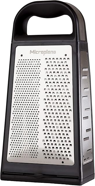 Microplane 34019E Elite Box grater with 5 blades Fine Coarse Ribbon Large Shaver and Extra Coarse in Stainless steel, Black, 9.50 x 13.90 x 27.00 cm