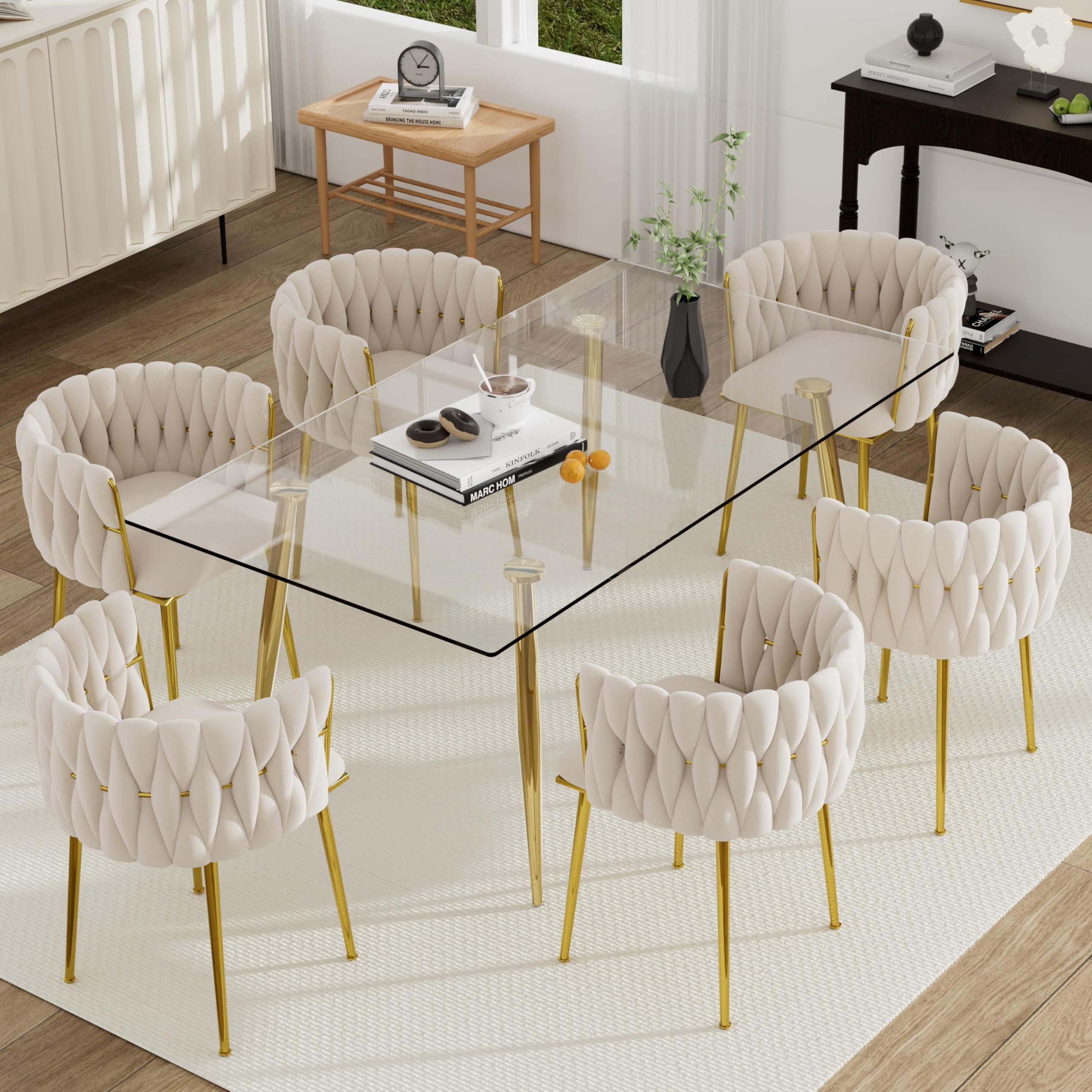 HAIZAO Gold Luxury Glass Dining Table Set for 6, 7 Pcs Clear Glass Top Rectangle Dinner Table Set, 63'' Modern Minimalist Kitchen Table Set, Ivory