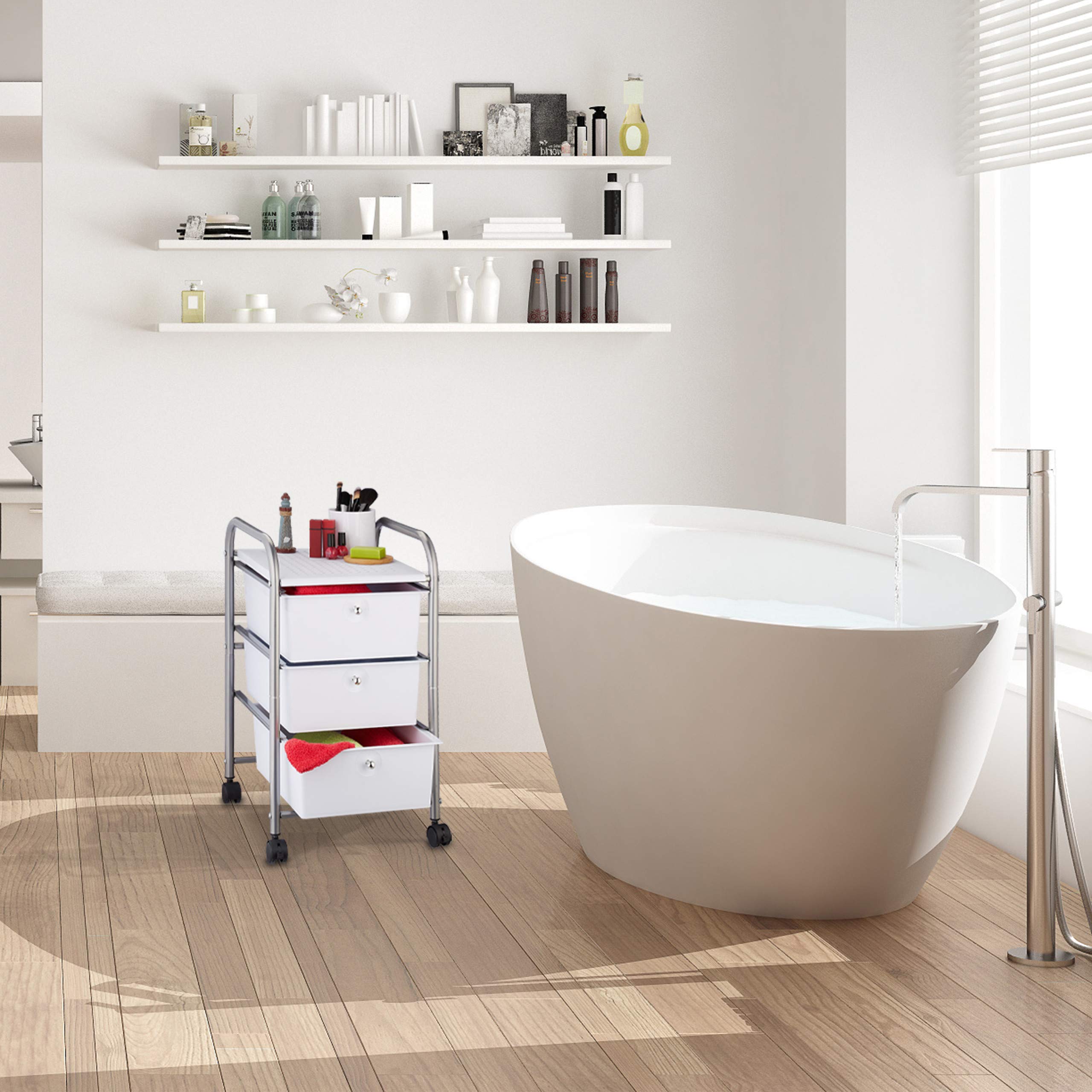 Relaxdays Chariot sur Roues de Bain, 3 tiroirs, métal et Plastique, conteneur, cosmétiques, 60 x 33 x 39 cm, Couleurs