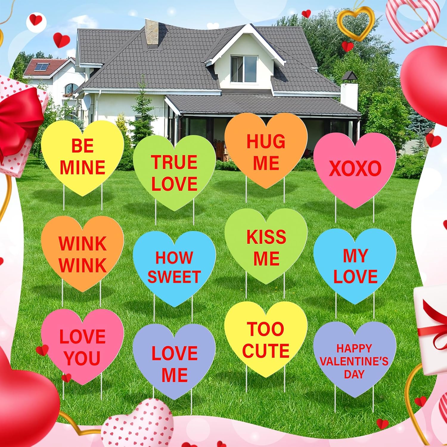 Amyhill 12 Pcs Valentine's Day Yard Signs Conversation Hearts Sweethearts Candy Sayings Outdoor Lawn Decorations Valentine Candy Heart Love Sign Cutouts Wedding Bridal Shower Supplies Garden Decor