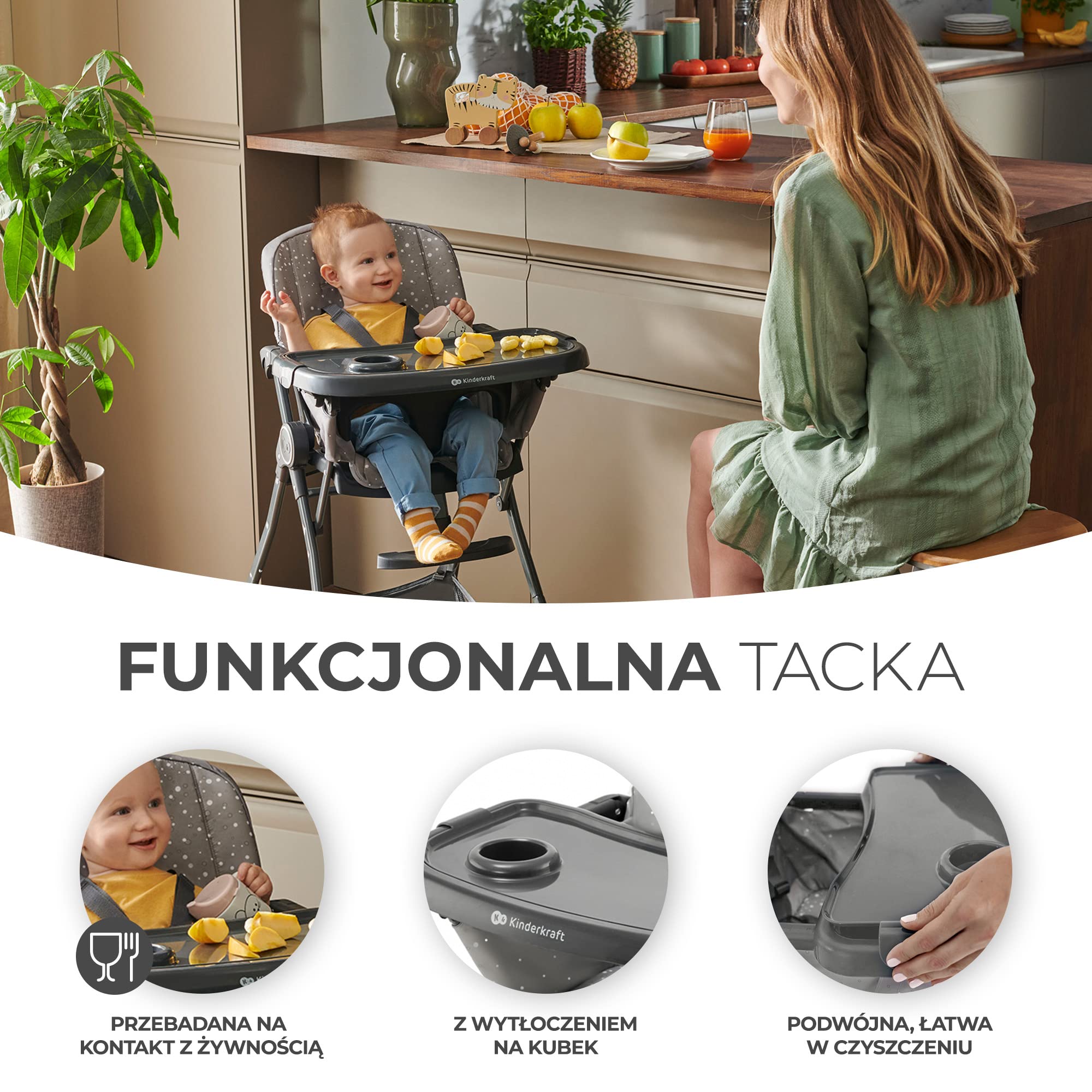 Kinderkraft FOLDEE Krzesełko do karmienia, Krzesełko dla dzieci, Składane do kompaktowych rozmiarów, Regulowane oparcie i podnóżek, Tacka i koszyk w zestawie, od 6 miesięcy, Zielone