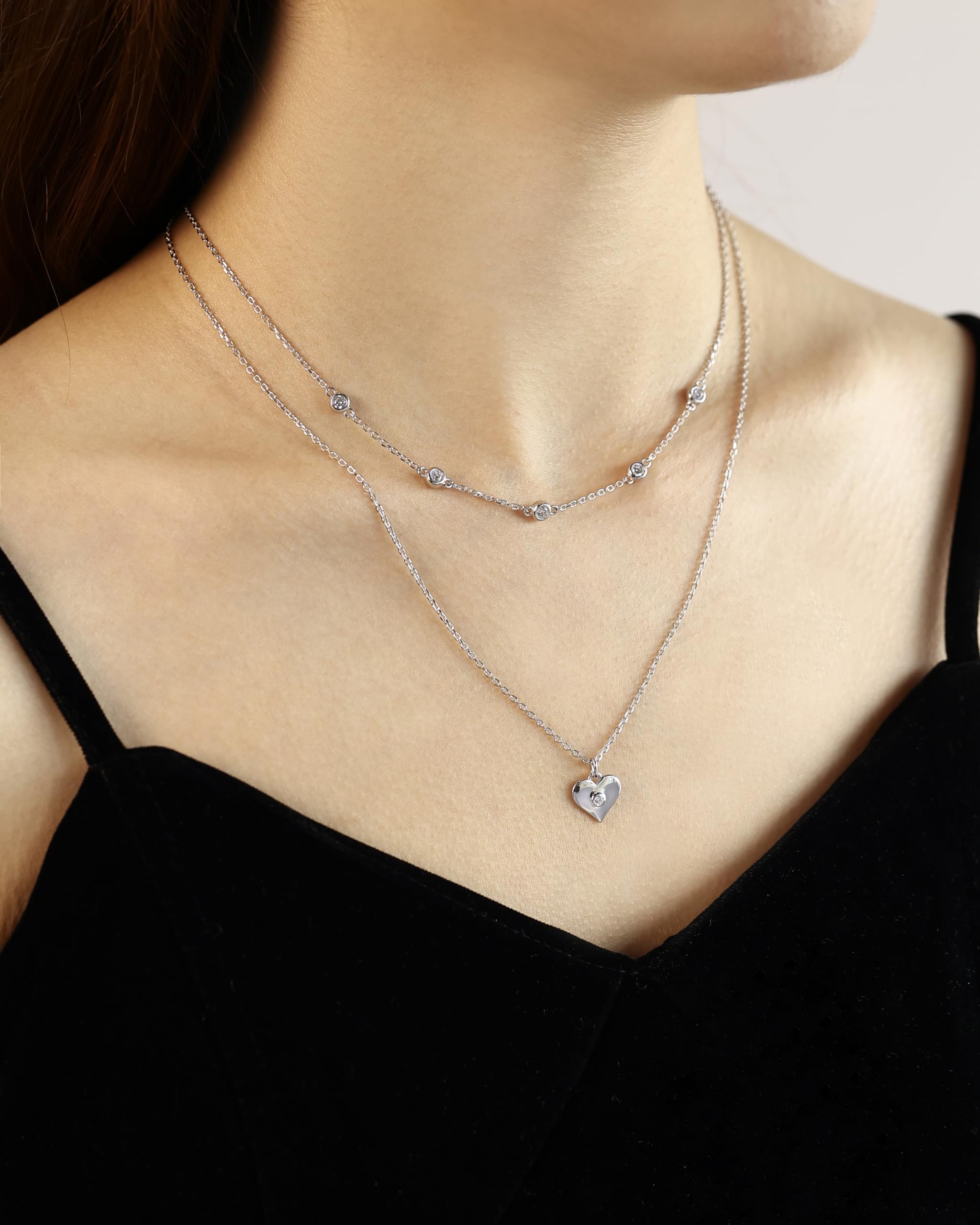 FANCIME Layered Kette Damen mit Anhänger, 14K Weißgold Vergoldet Personalisierte Zarte Mehrreihige Halskette, 925 Sterling Silber Halskette Schmuck für Damen Mädchen