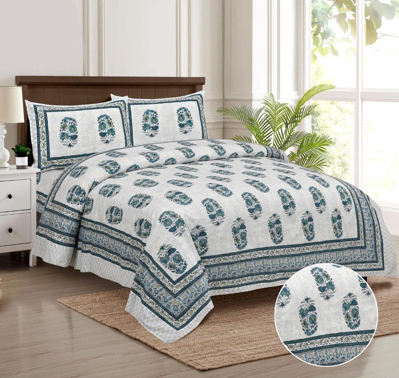 GenericDream Desire, Ethnic King Size Bedsheet*, Cotton Mix Fabric, 2 Pillow Cover,1 Double Bedsheet 7.5 ft x 8.75 ft, 90 x 106 inch, Flap Pillow Size 43 x 69 cm, Jaipuri, Blue Grey and White, wt 0.9 kg