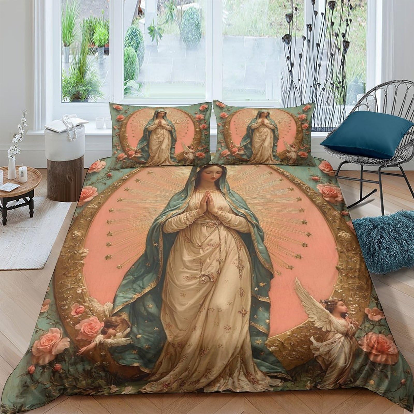 Ctjqhvkz Style-9 3D Printed Virgin Mary Fitted Sheet Microfiber Soft Anti-Slip Angel Bed Cover For Bedroom Dorm Room Artistic Decor Single（135X200cm）