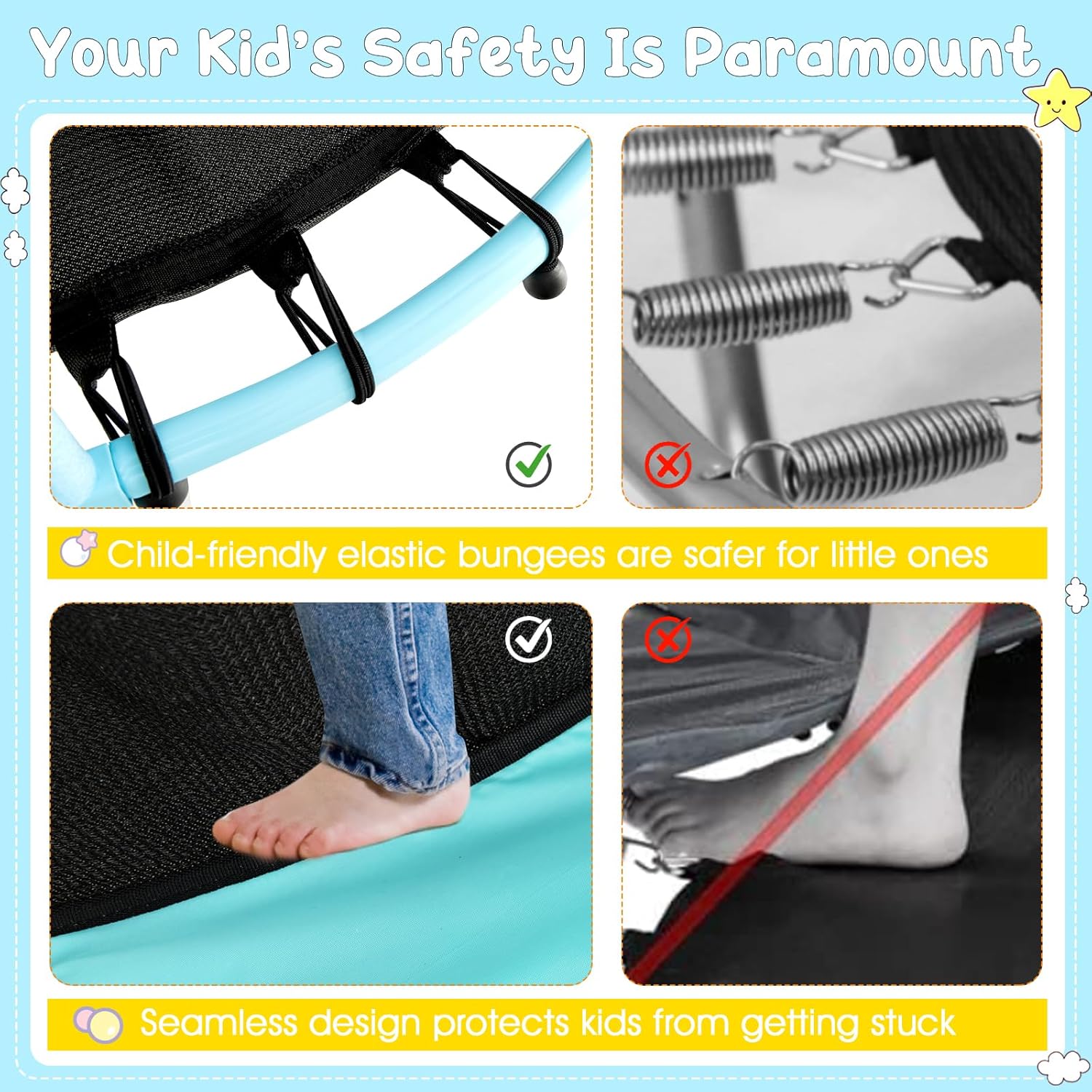 Diagram showing child-friendly elastic bungees compared to traditional metal springs, and a seamless design protecting feet from getting stuck.