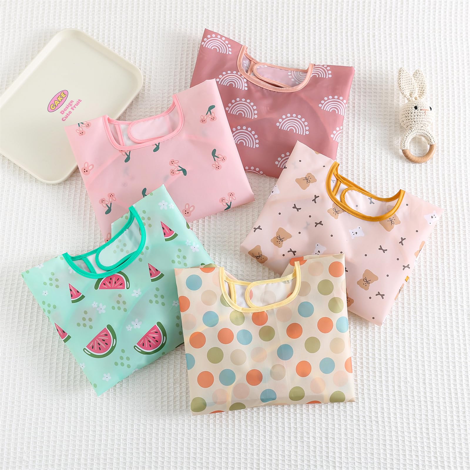 Bavoirs Manches Longues, 5 Pièces, Bebe Bavoir Imperméable Tablier d'Alimentation avec Poches 3-30 Mois