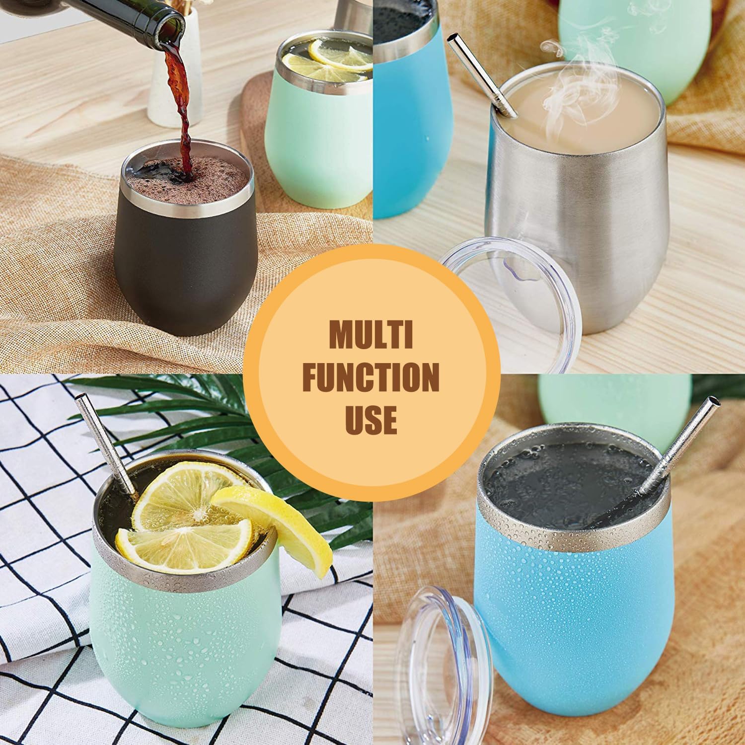 Amtidy 4 Pack Powder Coated Stainless Steel Tumbler with Lid,Equipped with straw and straw brush，12 oz Double Wall Vacuum Insulated Travel Tumbler Cup for Coffee, Wine, Cocktails - Image 7