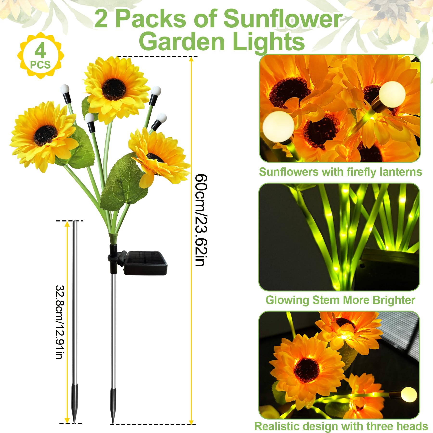 VEEKAY Luci Solari da Giardino,4 Pezzi Girasole Luce Solare Esterno, Luce Solare LED Esterno,IP65 Impermeabile Lampade Solari da Giardino,per Patio,Prato