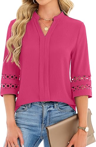 Funlingo 3/4 Sleeve Tops for Women Dressy Casual Blouses Spring Trendy V Neck Lace Pleated Work Shirts Business Casual Outfits 2026 Rose Red M