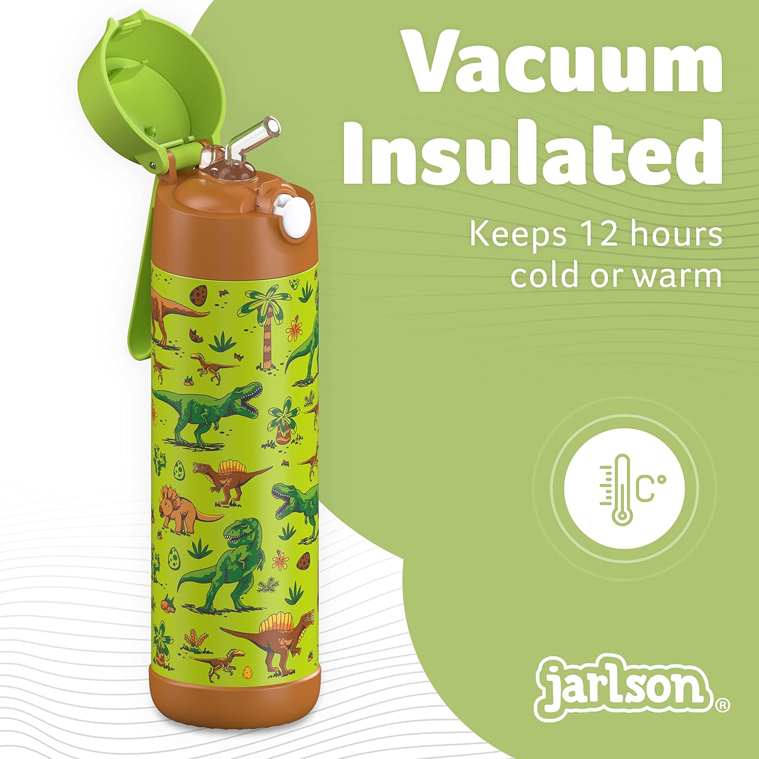 Jarlson® Kids Water Bottle CHARLI [18OZ] - Stainless Steel Thermo Bottle with Straw - Insulated, Spill Proof Waterbottle for School & Sports - Thermo Tumbler for Boys & Girls (Dinosaur) - Image 2