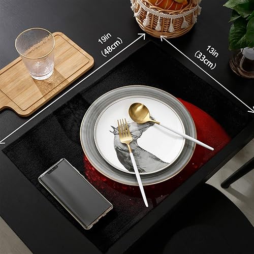 Miniatura 6 de Juego de 6 manteles individuales negros con diseño de manzanas rojas para decoración de mesa de comedor, manteles individuales lavables para cocina,