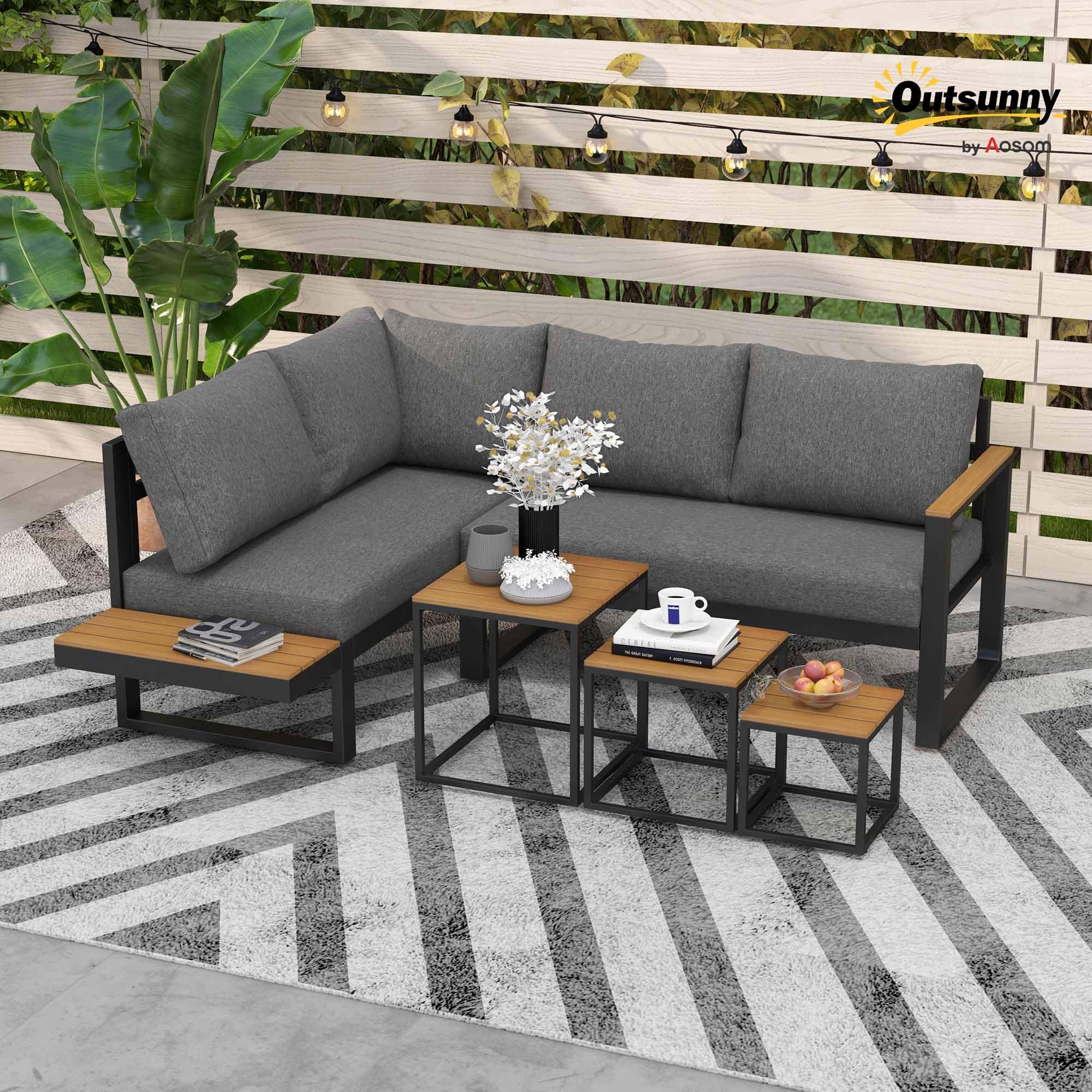 Outsunny 5-TLG. Gartenmöbel-Set mit Ecksofa, Doppelsofa, Couchtisch, Grau | Gartengarnitur inklusive Sitzkissen, Loungegruppe für Balkon und Terrasse, Balkonmöbel-Set