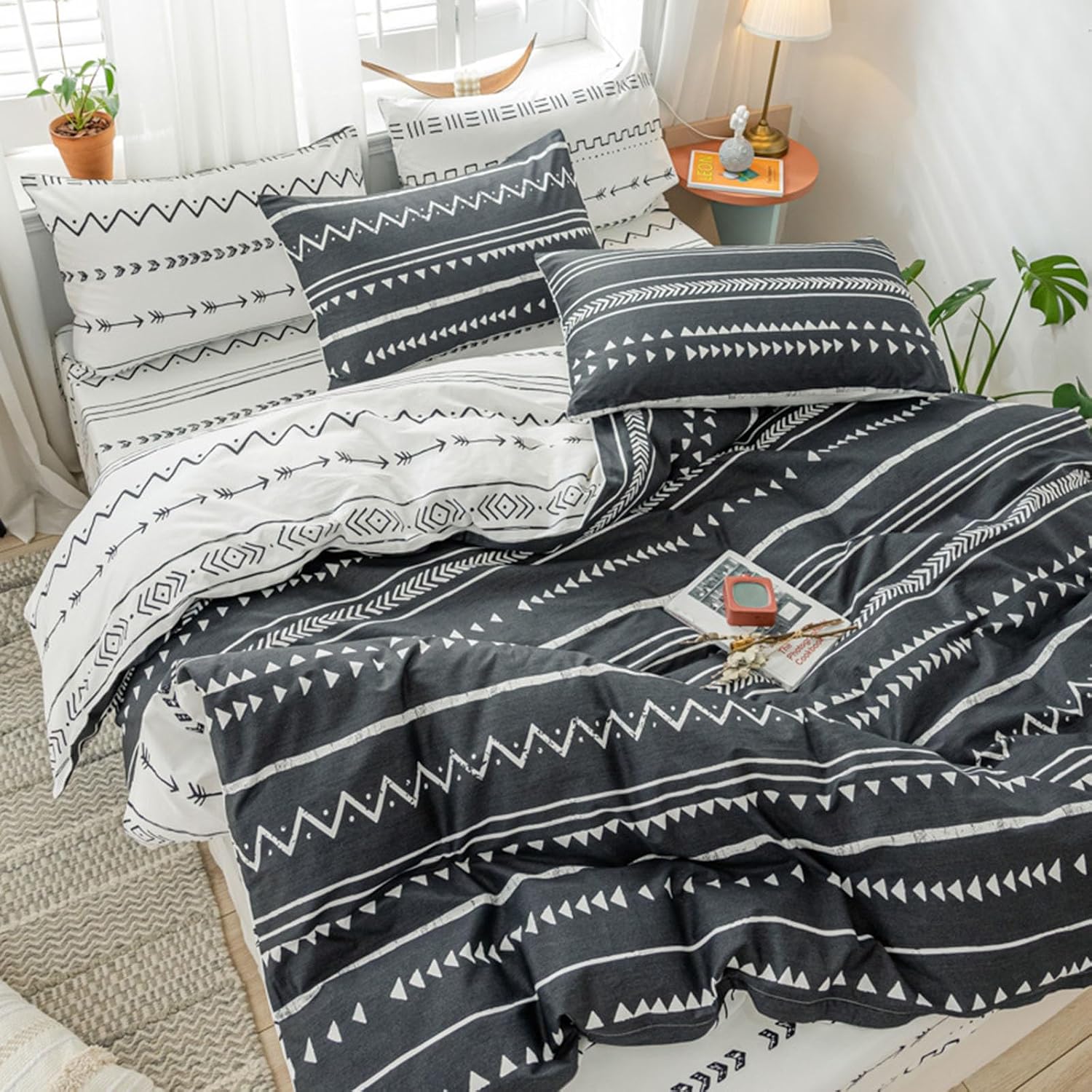 HALOZI Duvet Cover Set Queen Size Gray/White Bohemian Stripes Reversible Luxury Soft Bedding Set Comforter Cover with Zipper Closure and Corner Ties (1 Duvet Cover+2 Pillowcases)(Queen（90X90） inch)