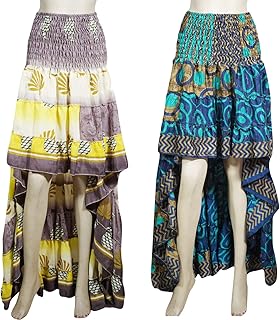 2pc Women Hi Low Skirt Recycled Sari Flare Ruffle Bohemian Summer Hippie Skirts S/M Yellow,Blue