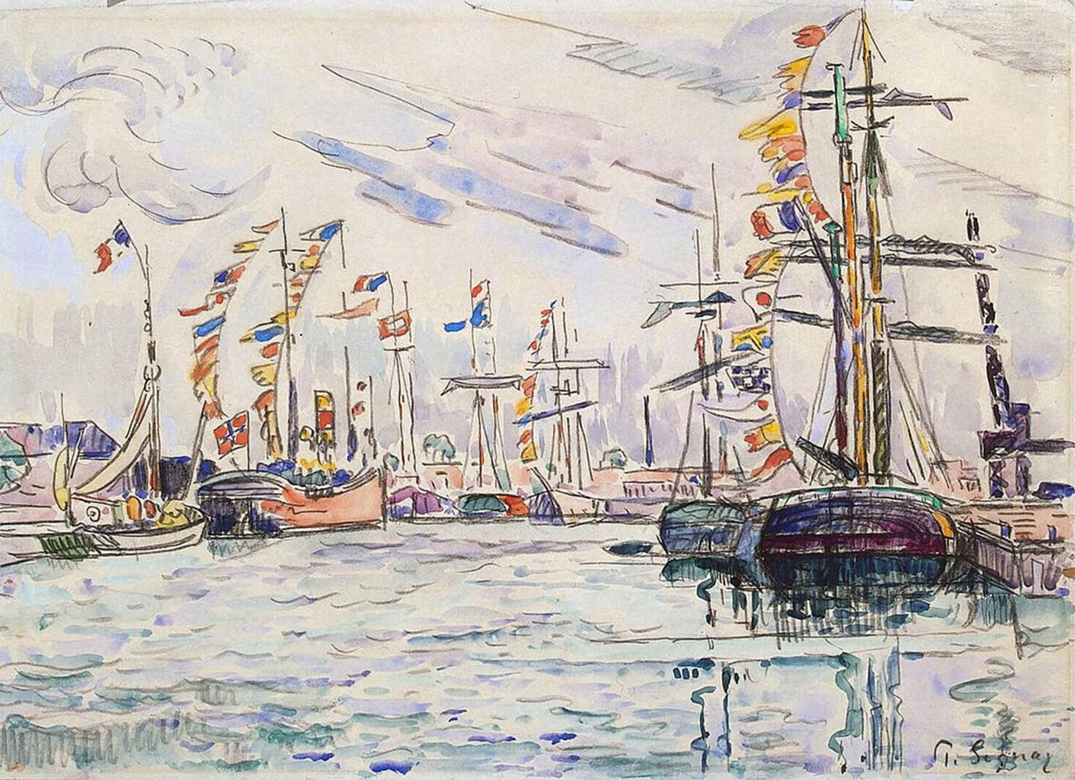 SERENDIPITP Aesthetic Poster Photo Wall Print Retro Picture Sailboats with Holiday Flags At a Pier in Saint-malo S. by Paul Signac Modern Wall Artwork for Home Decor 60x90cm