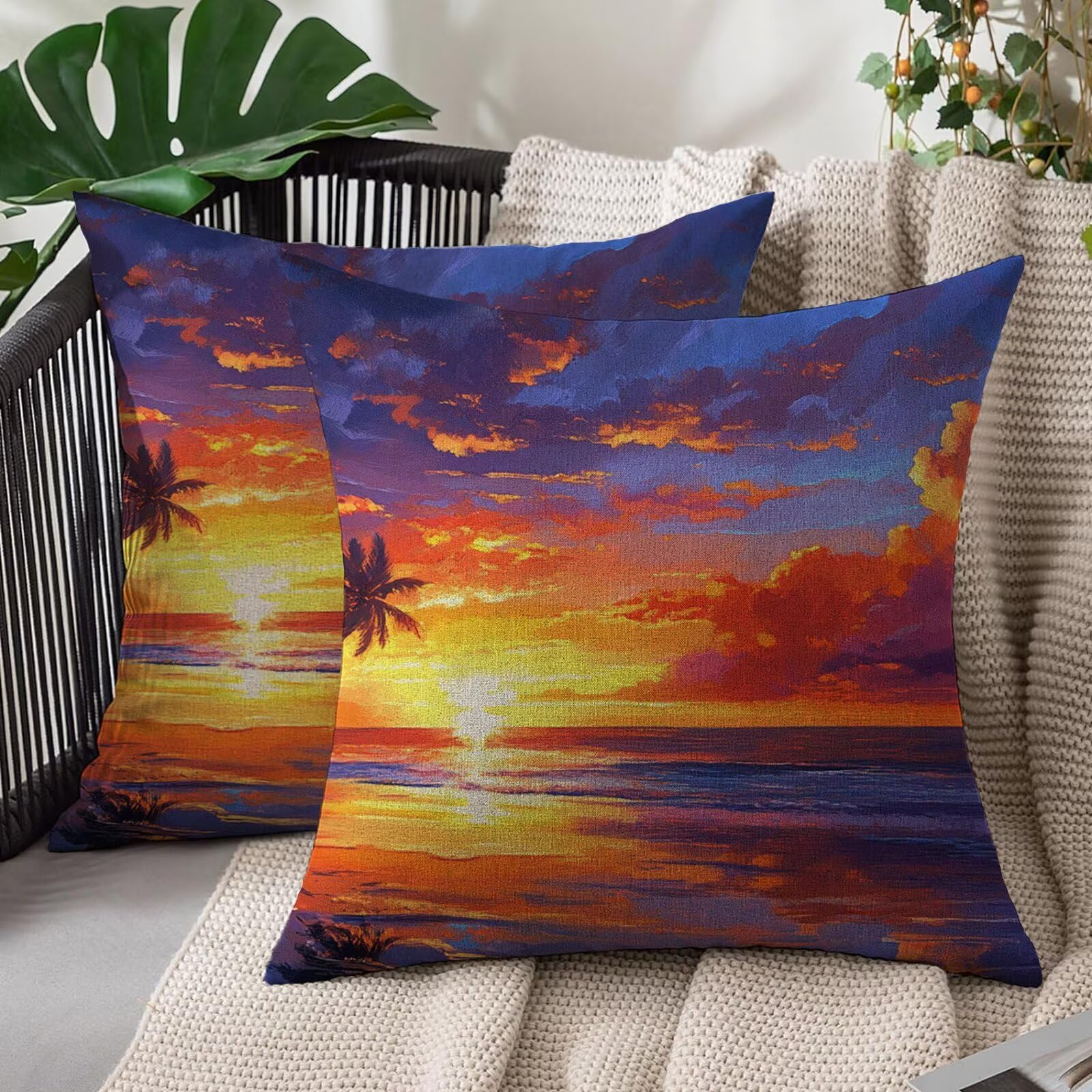 Housse coussin 60x60 cm coucher de soleil en lin haut de gamme pour canape design