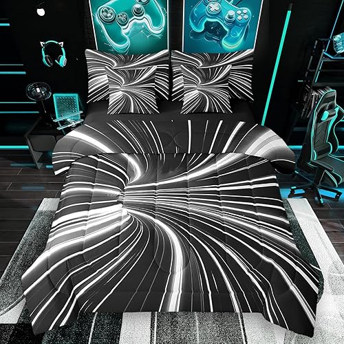 Black Light Bed in a Bag Queen Comforter Set 7 Piece,3D Ombre Geometric Bedding 