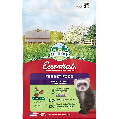 Oxbow Animal Health Oxbow Essentials Ferret Food, Vitamin & Mineral Rich Formula for Ferret, High Protein Food & High Fat, Small Animal Pet Products, Made in USA, 4 lb Bag
