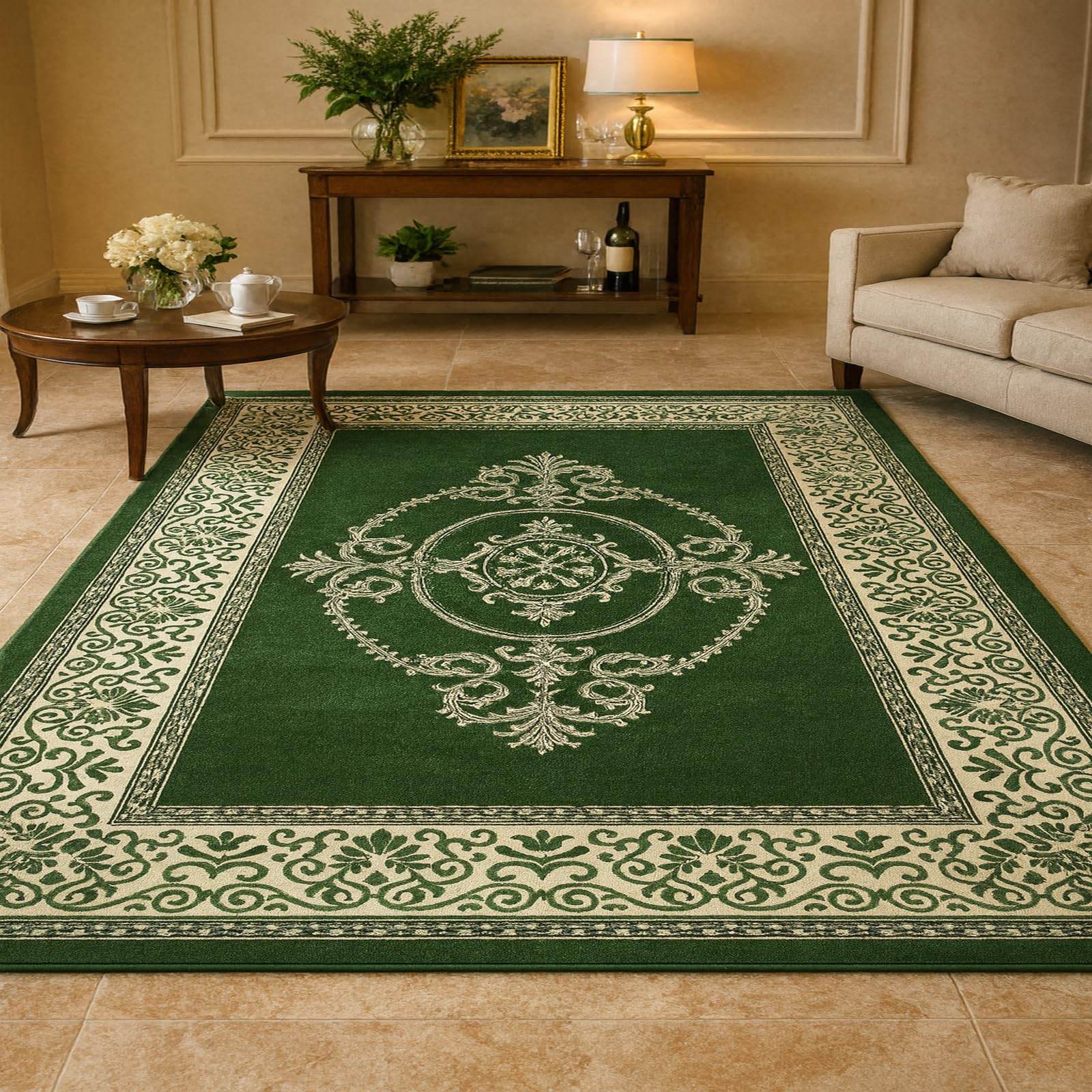 Tapis couloir antidérapant vert floral traditionnel 60x120cm pour entrée et cuisine