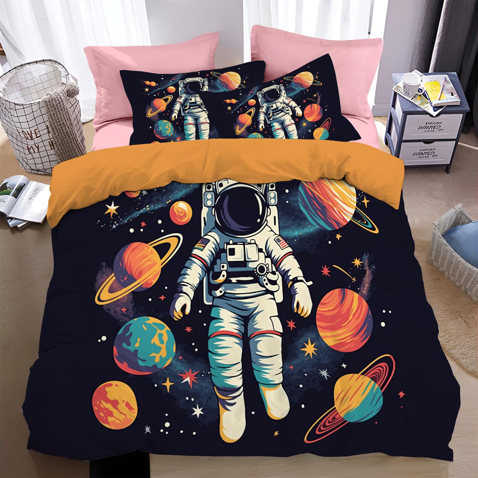 Housse de couette 200x200cm astronaute parure de lit microfibre zip