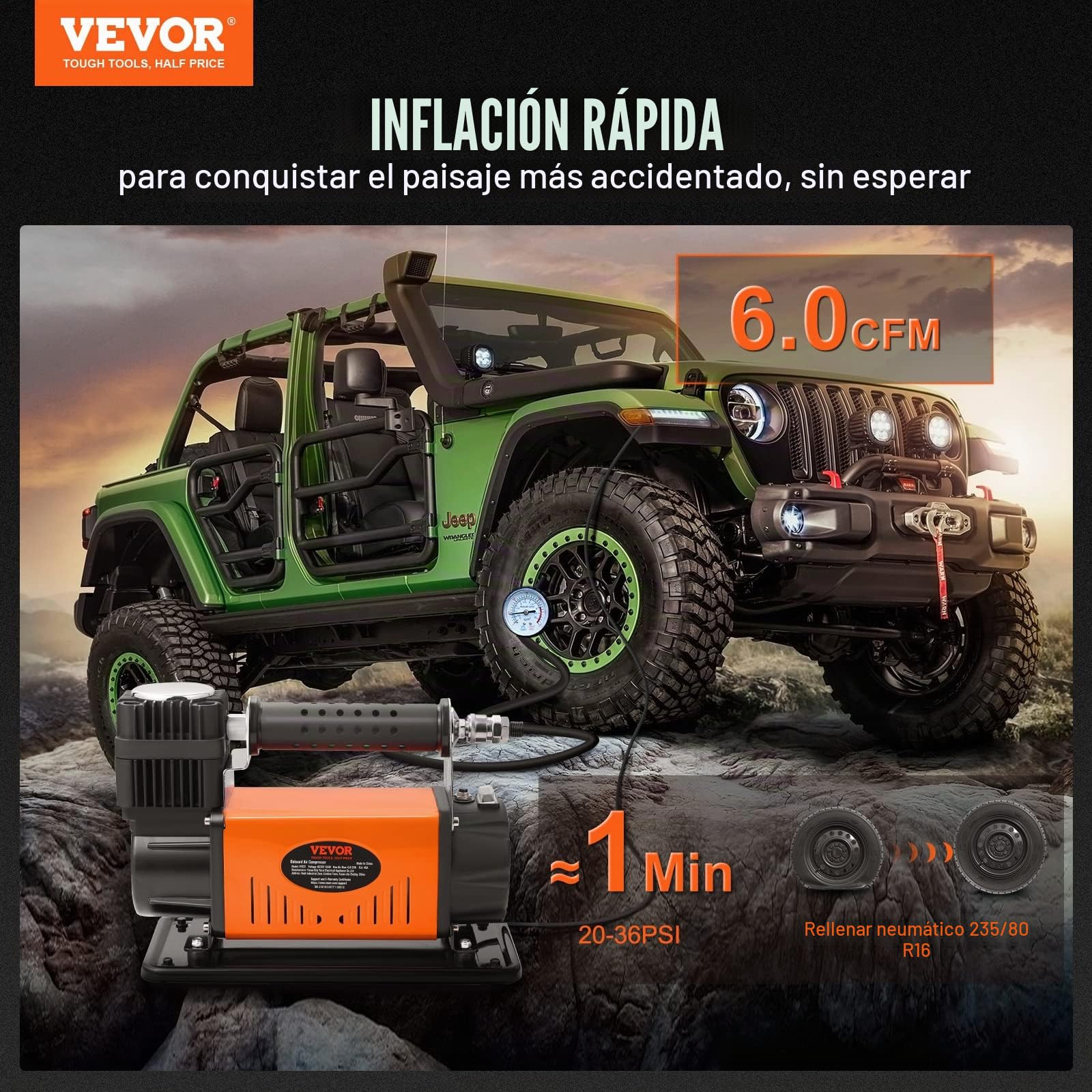 VEVOR Compresor Automático con Motor 12V Inflador Portátil de Neumáticos de Coche 150PSI 6CFM Protección Térmica Bomba de Aire Cable de Alimentación Manguera de Aire de 3m 7,9m para Inflar Camión SUV