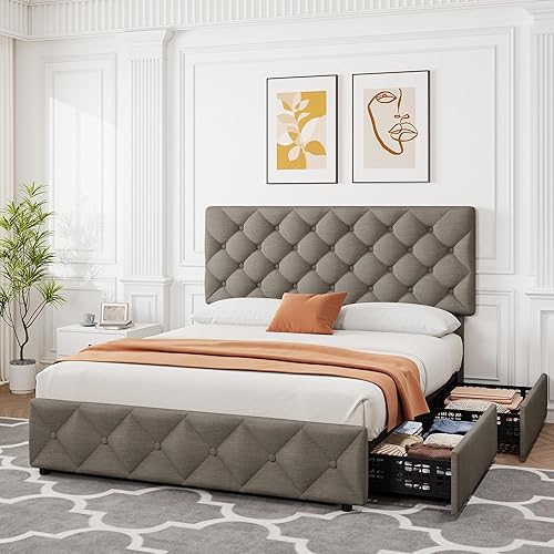 Miniatura 8 de IDEALHOUSE Base de cama tamaño Queen con 4 cajones de almacenamiento y cabecera ajustable, cama de plataforma tapizada de lino, botón cosido de