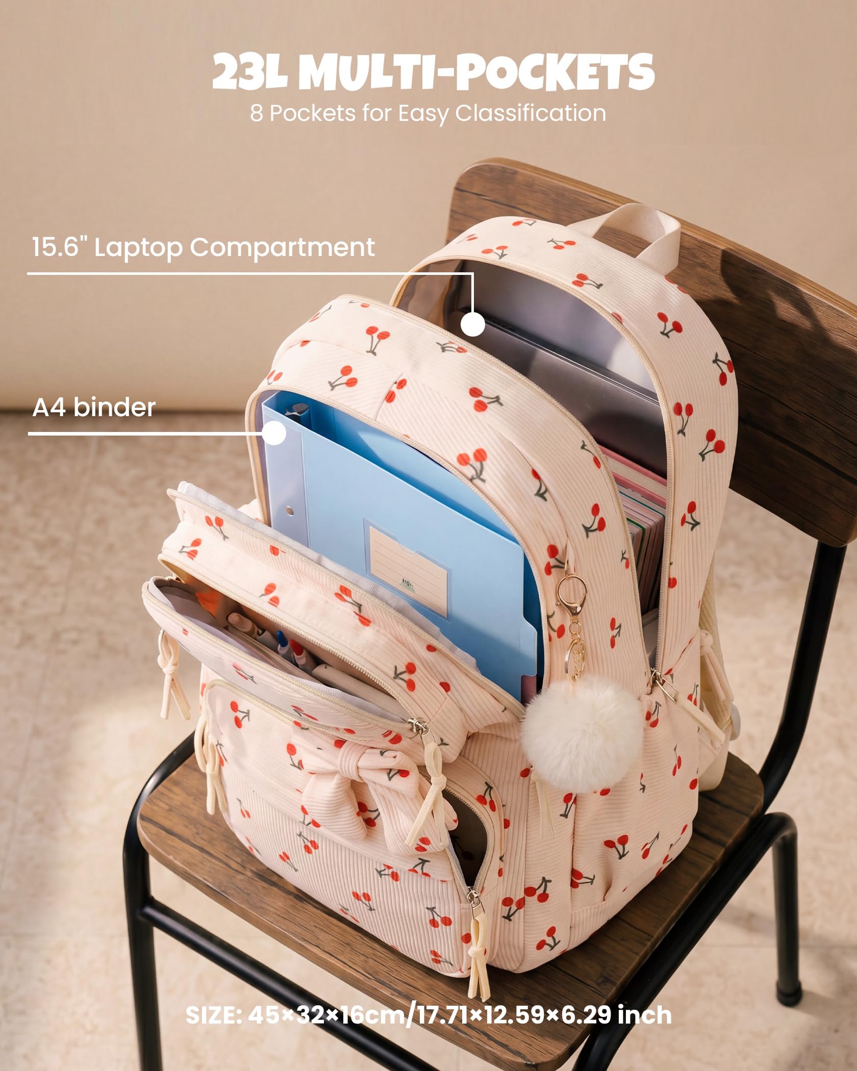 Amythe 3-teilige Schulrucksack Set für Mädchen 3.-7. Klasse, Leicht 23L | Teenager Schultasche mit Lunchbag & Federmäppchen, Schulranzen für Grundschule & Mittelstufe, Wasserfest, Beige