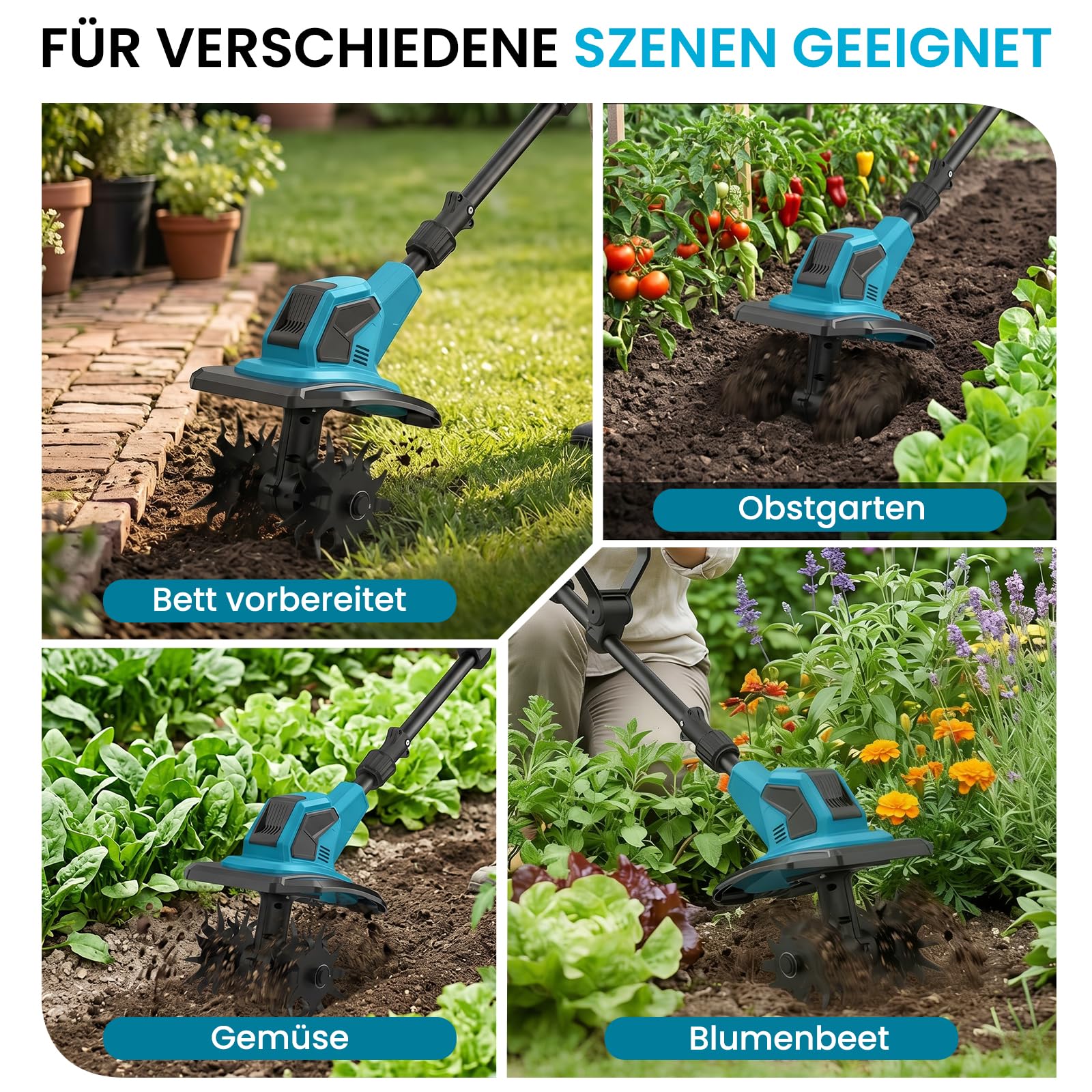 Akku-Bodenhacke für Makita 18V Batterie, 550W Gartenfräse Akkus, 20cm Bodenbearbeitungstiefe,15cm Bearbeitungsbreite, 360RPM, Klappbar Gartenfräse Elektrisch (2 Akku)