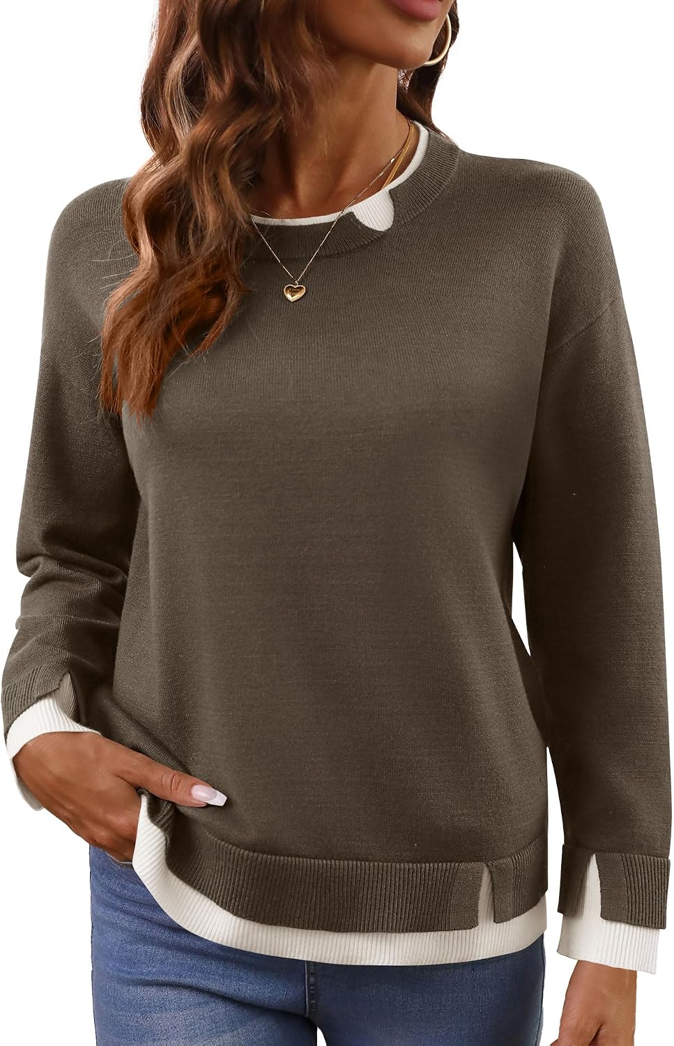 LOMON Womens Sweaters Cozy Long Sleeve Pullover Tops Faux Layered Sweaters image 2