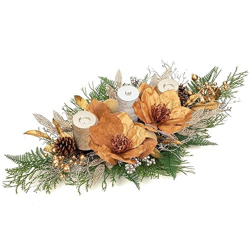 35" Champagne Christmas Centerpiece with Candle Holders, Magnolias Gold Christmas