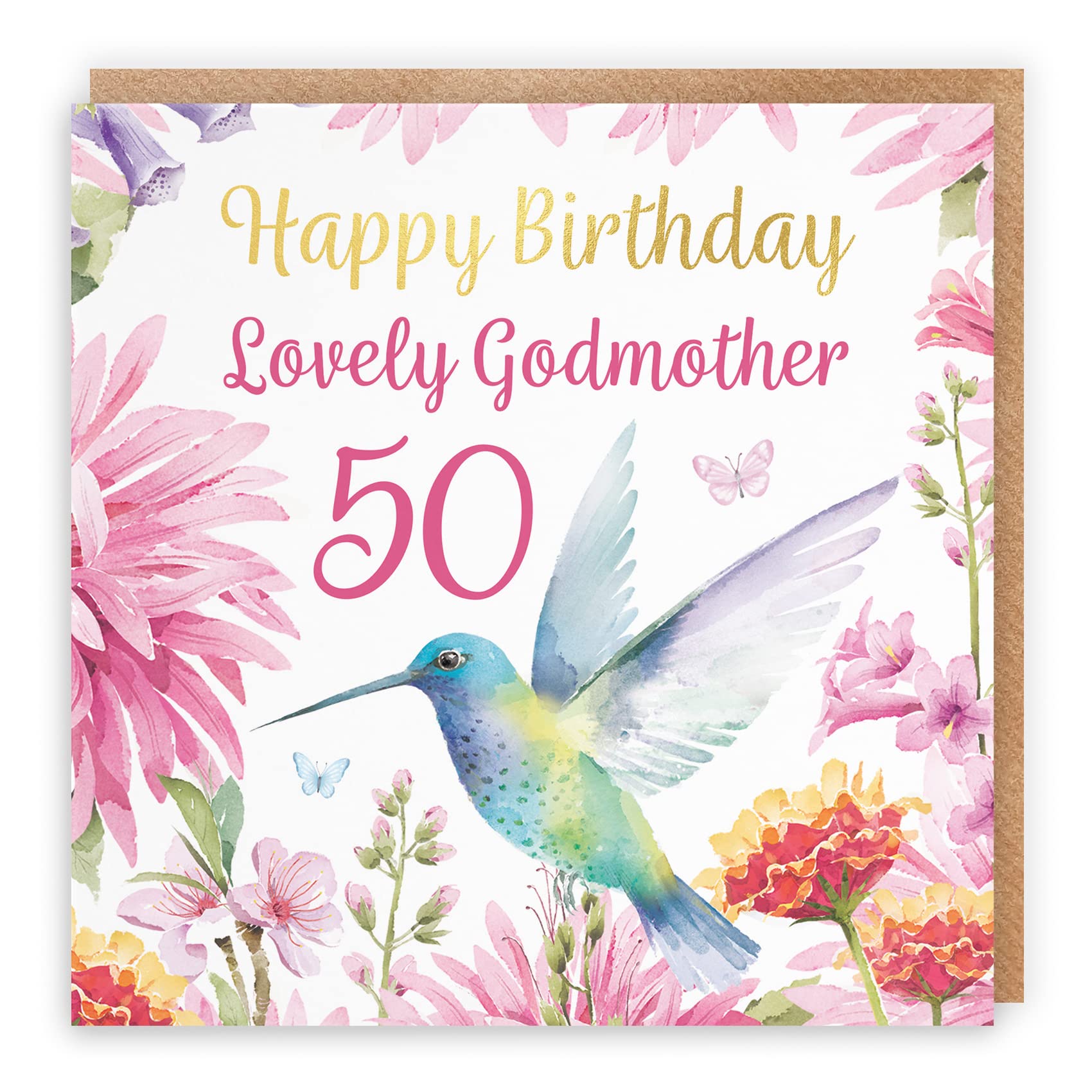 Hunts England - 50th Godmother Hummingbird Birthday Card - With Gold Foil - Pretty Flowers - Age 50 Card For Godmother - Milo's Gallery - Age Fifty Floral Birthday