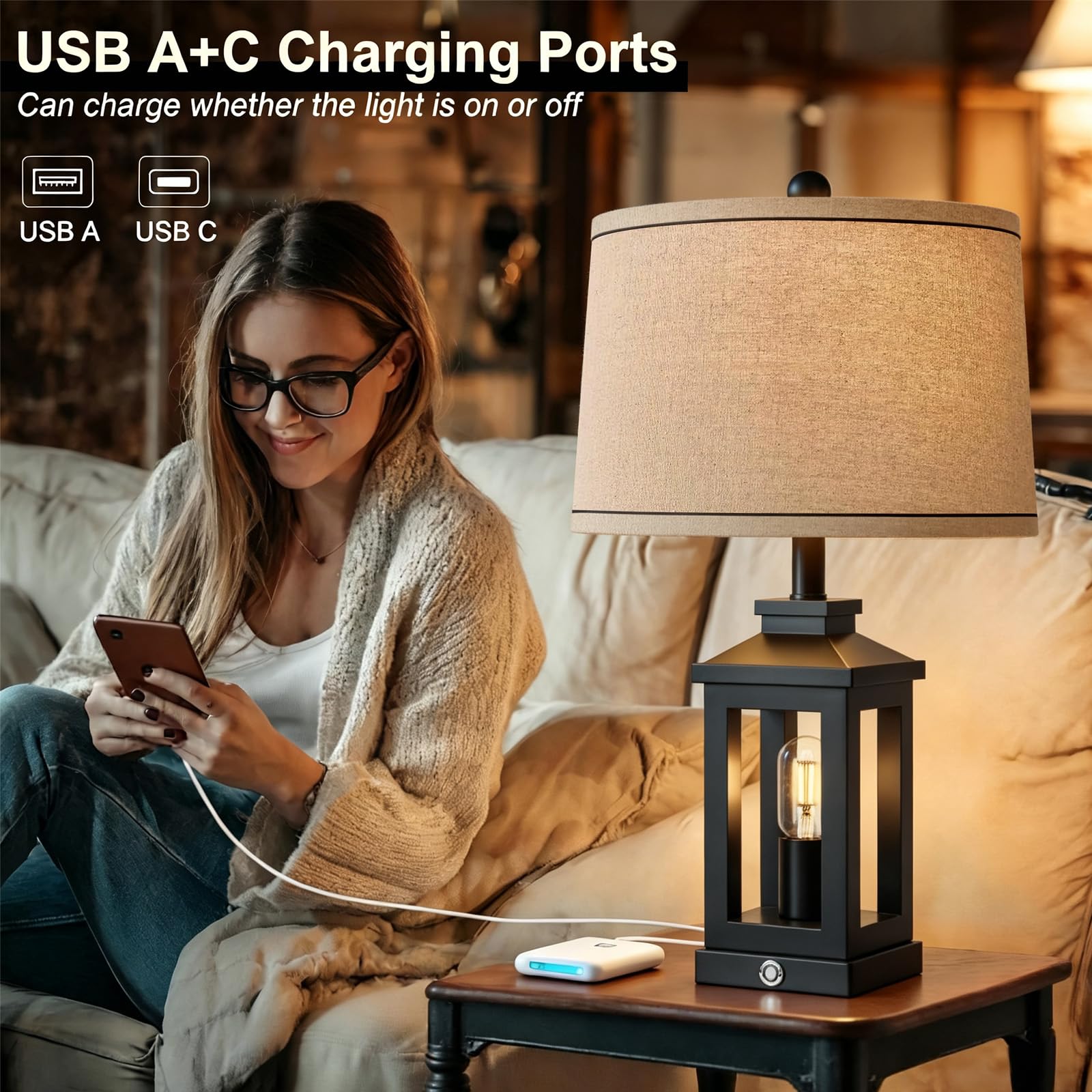 G-SAFAVA 23.75" Retro Farmhouse Black Table Lamp for Living Room Bedroom Nightstand Single Pack Touch Control Bedside Nightlight Vintage Modern Lamp with USB C+A Ports and 2 Light Sources