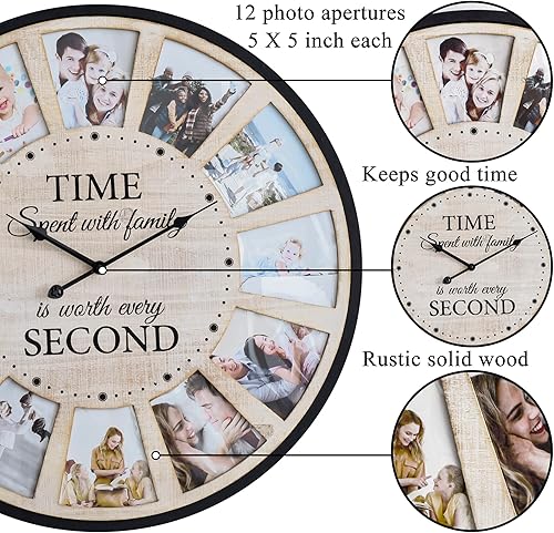 Miniatura 5 de Reloj de pared de madera rústica estilo granja con collage de 12 fotos, reloj de pared grande con fotos familiares para sala de estar, hogar,