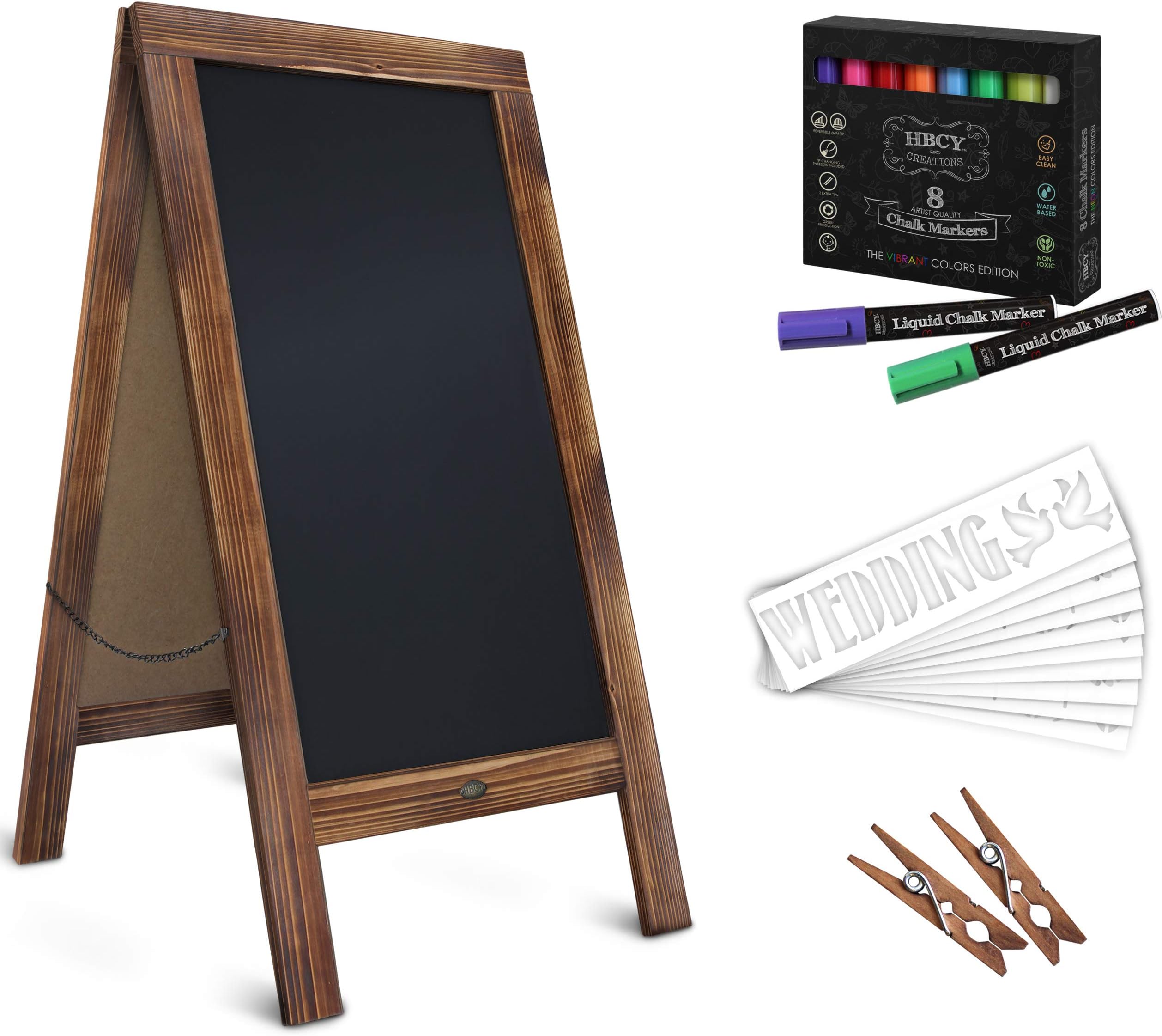 HBCY Creations Rustic Magnetic A-Frame Chalkboard Sign Deluxe Set / 8 Chalk Markers + 10 Stencils + 2 Magnets! Chalkboard Sign/Large (100cm x 50 cm) Sturdy Sandwich Board (The Deluxe Set)…