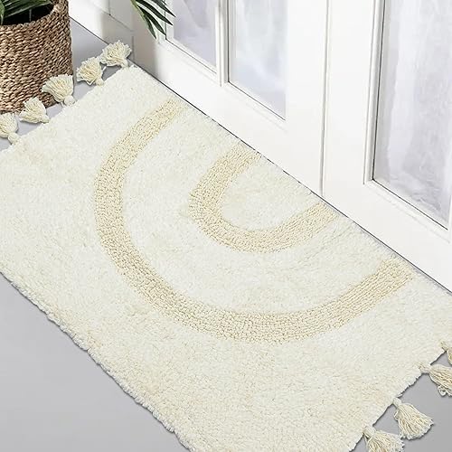Miniatura 5 de Alfombras de baño bohemias con borlas, 100 % algodón, tejida a mano, antideslizante, absorbente, con almohadilla para alfombra, alfombra de baño