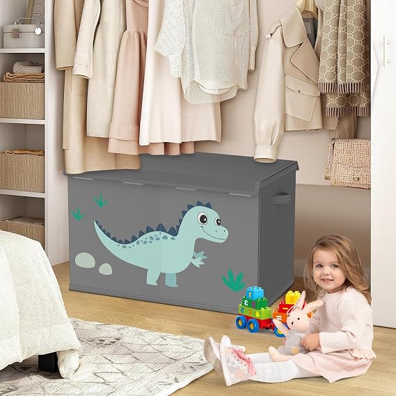 Toy Storage Box with Lids for Boys Girls - Fabric Large Kids Toy Chest Container, Foldable Basket Organiser with 2 handles for Toys,Books,Blankets,Clothes (Grey)