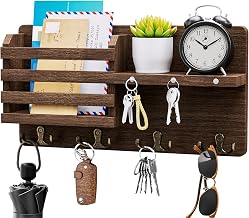 SWTYMIKI Key Rack with 4 Double Key Hooks, Decorative Rustic Key Hangers for Wall Mail Holder for Entryway, Mudroom, Hallway, Bedroom, Living Room, Brown, Key Holder Wall Mount with Magnet Hanging
