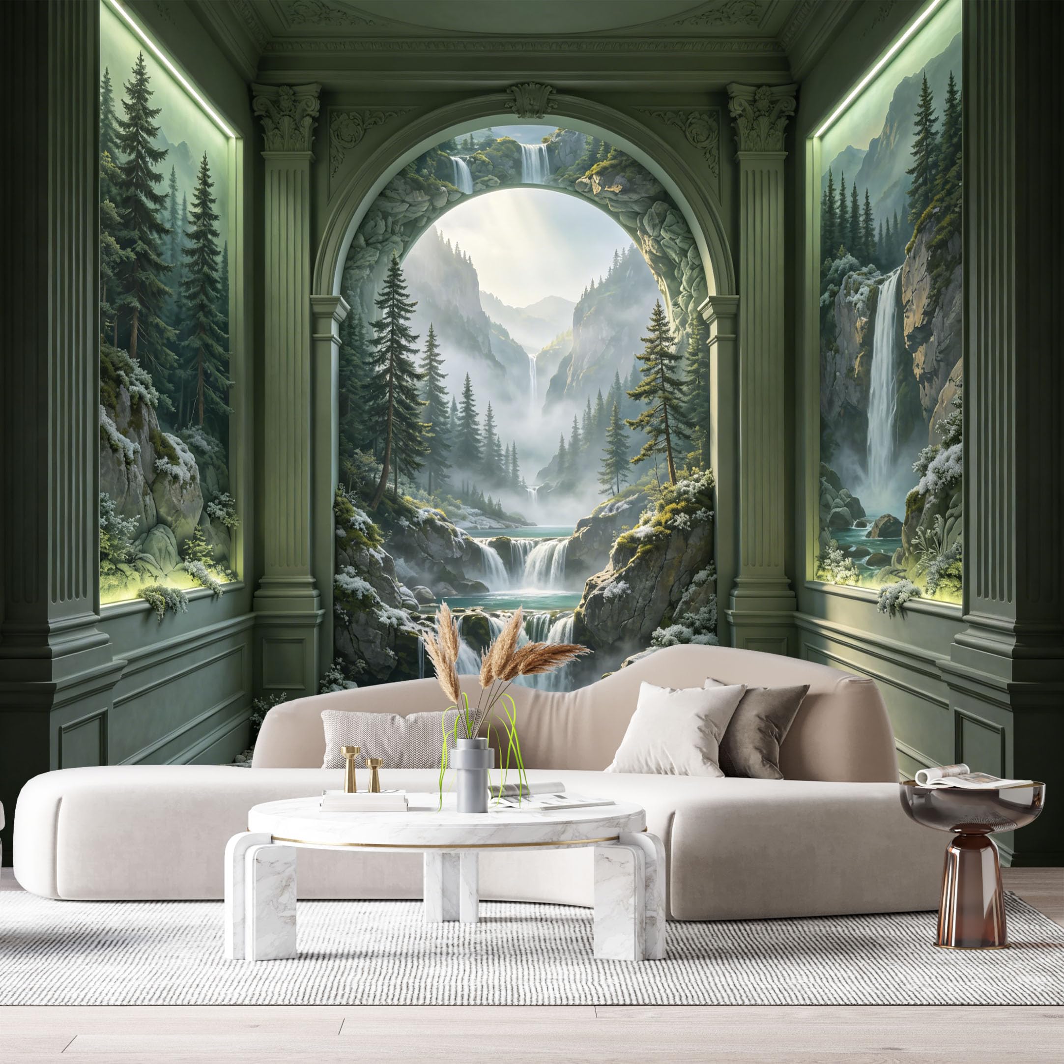 Custom Size Wall Murals Surreal Fantasy Indoor Outdoor Mountain Waterfall Stone Archway 3D Trompe L'Oeil SelfAdhesiveWall Fabric Removable Wallpaper Wall Decor for Living Room Bedroom