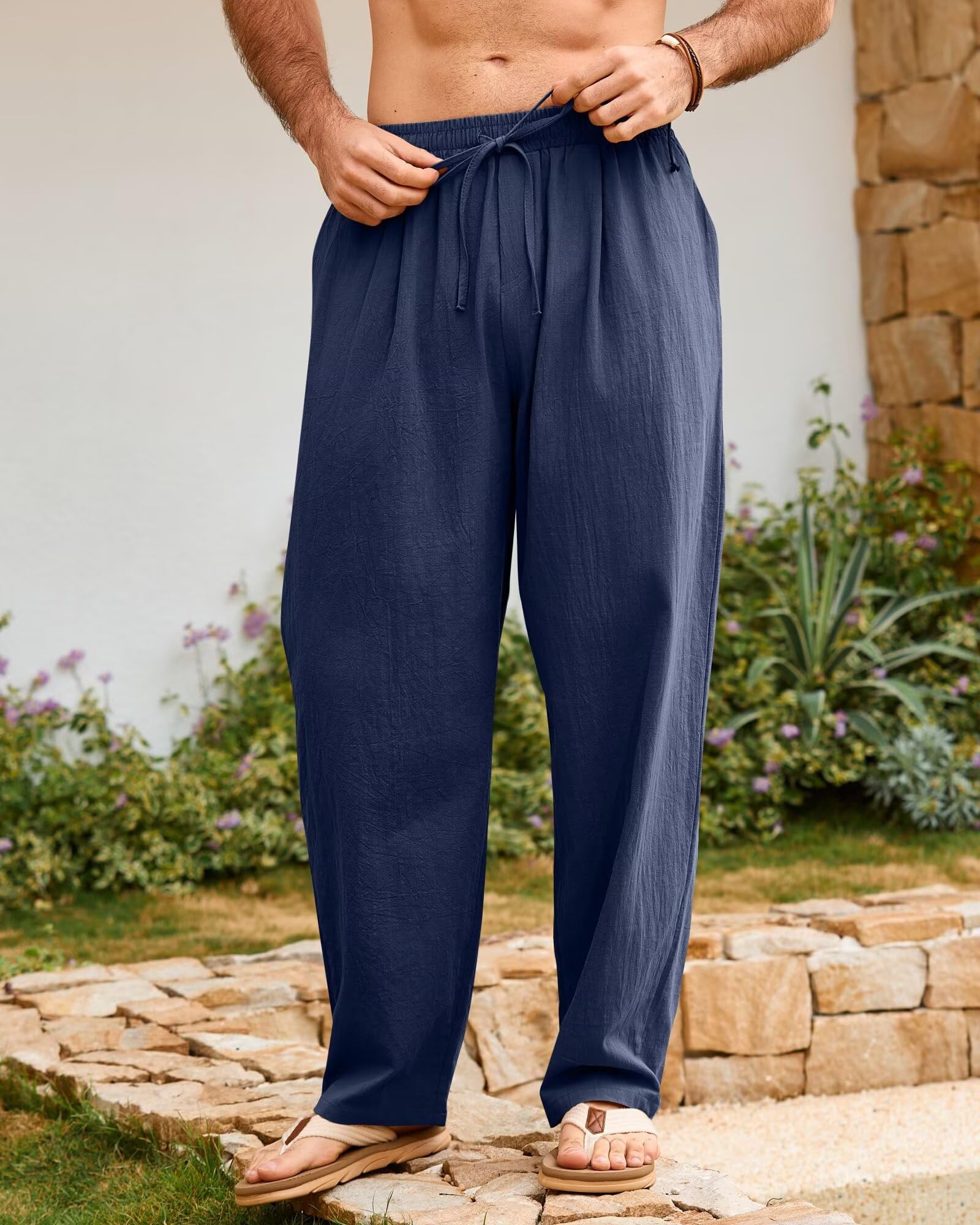 Elainone Pantalon Homme Coton Léger Été Pantalon Décontracté Taille Élastique avec Poches Pantalon Ample pour Vacances Plage Voyage Pantalon Homme Style Casual M-3XL