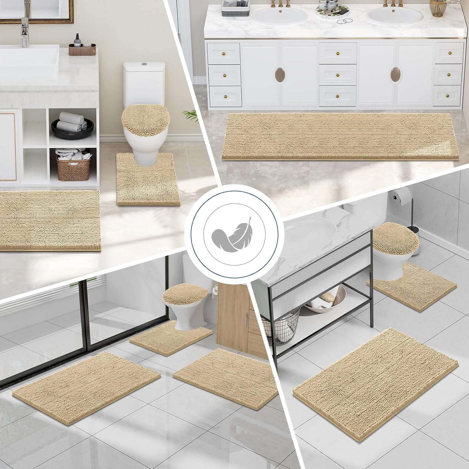 Smiry Bathroom Rugs Sets 2 Piece, Soft Absorbent Chenille Machine Washable Non Slip Shaggy Bath Rug Set for Tub, Shower, and Floor (59x20+24x16, Beige)