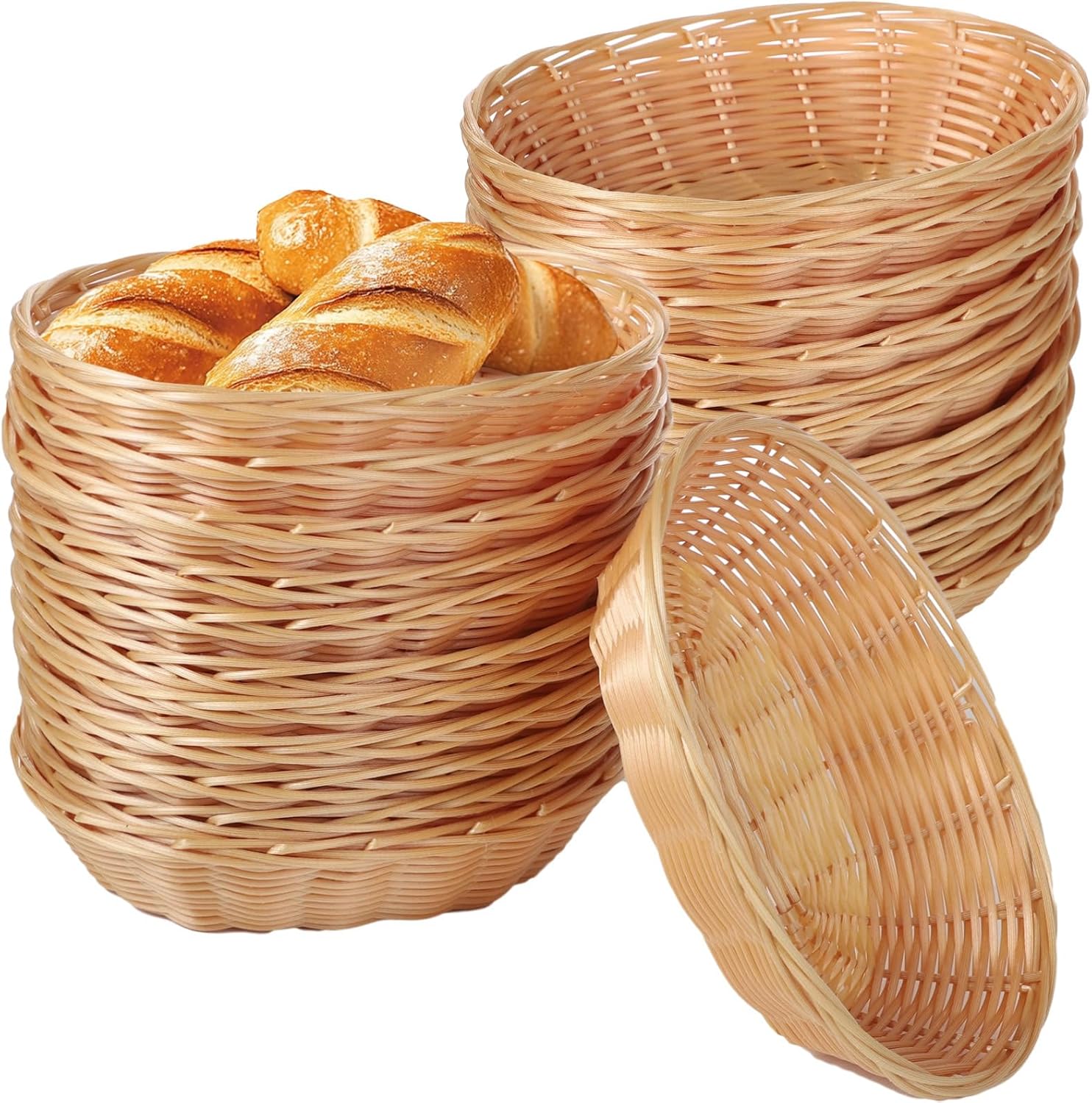 24 Pcs Oval Baskets, Wicker Style Plastic Baskets for Serving Food, Fruit Snack Storage, Stackable Bins