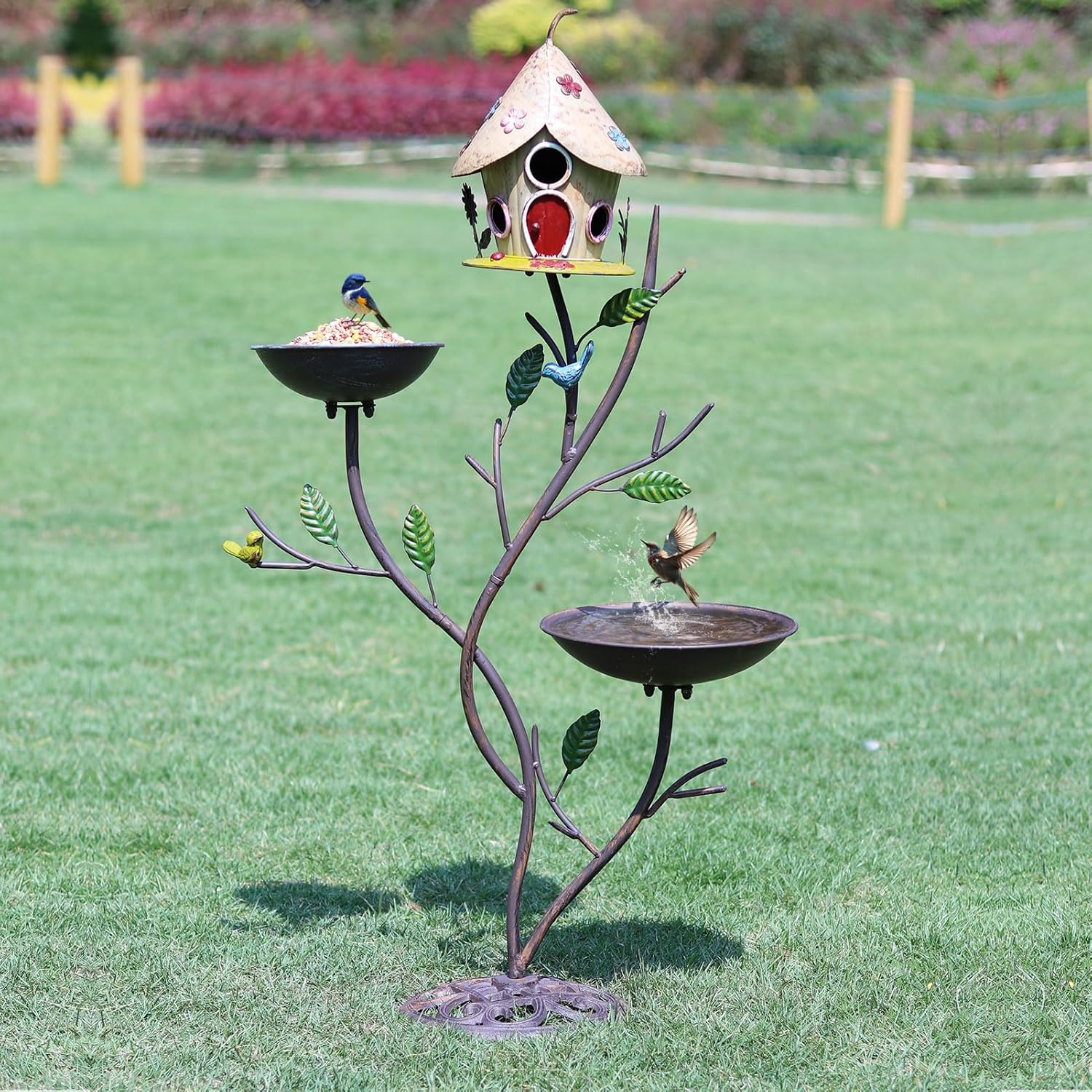 39" H Cast Iron Pedestal Bird Bath, Bird Baths for Outdoors with Metal Bird House Bird Feeder 3-in-1, Garden Yard Lawn Decor