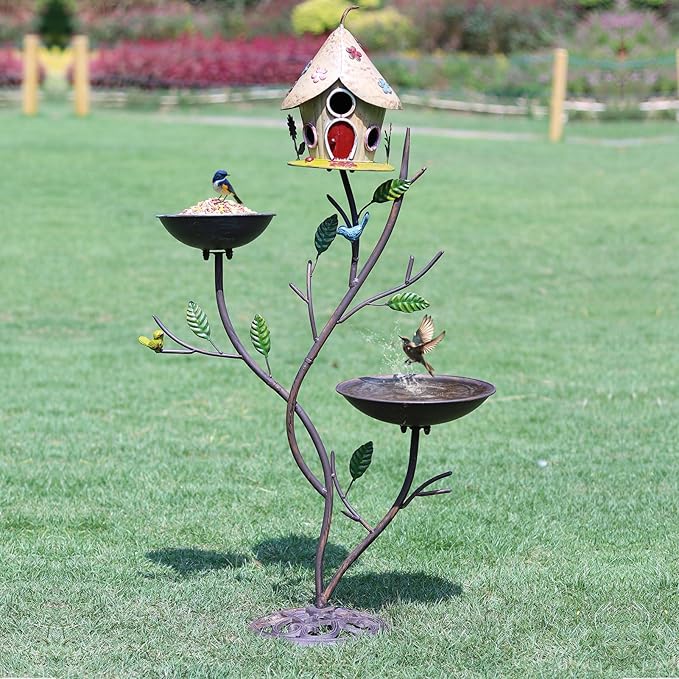 39" H Cast Iron Pedestal Bird Bath, Bird Baths for Outdoors with Metal Bird House Bird Feeder 3-in-1, Garden Yard Lawn Decor