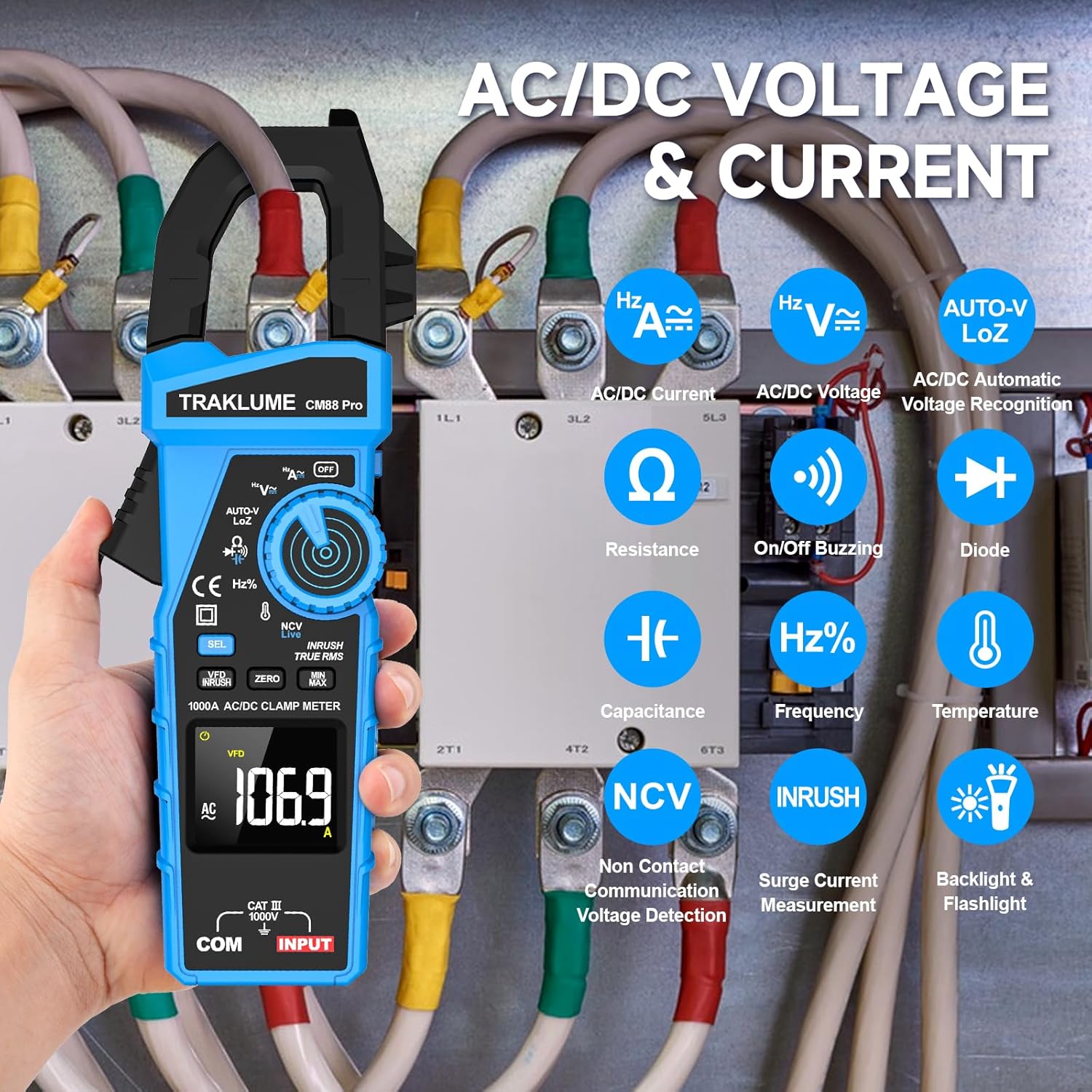 Clamp Meter Multimeter 1000A TRMS 6000 Counts Amp Meter Clamp AC/DC Current & Voltage Amp Clamp Multimeter Auto-Ranging with Resistance, Capacitance, Frequency, Diodes, Continuity, Temp, NCV, Ammeter